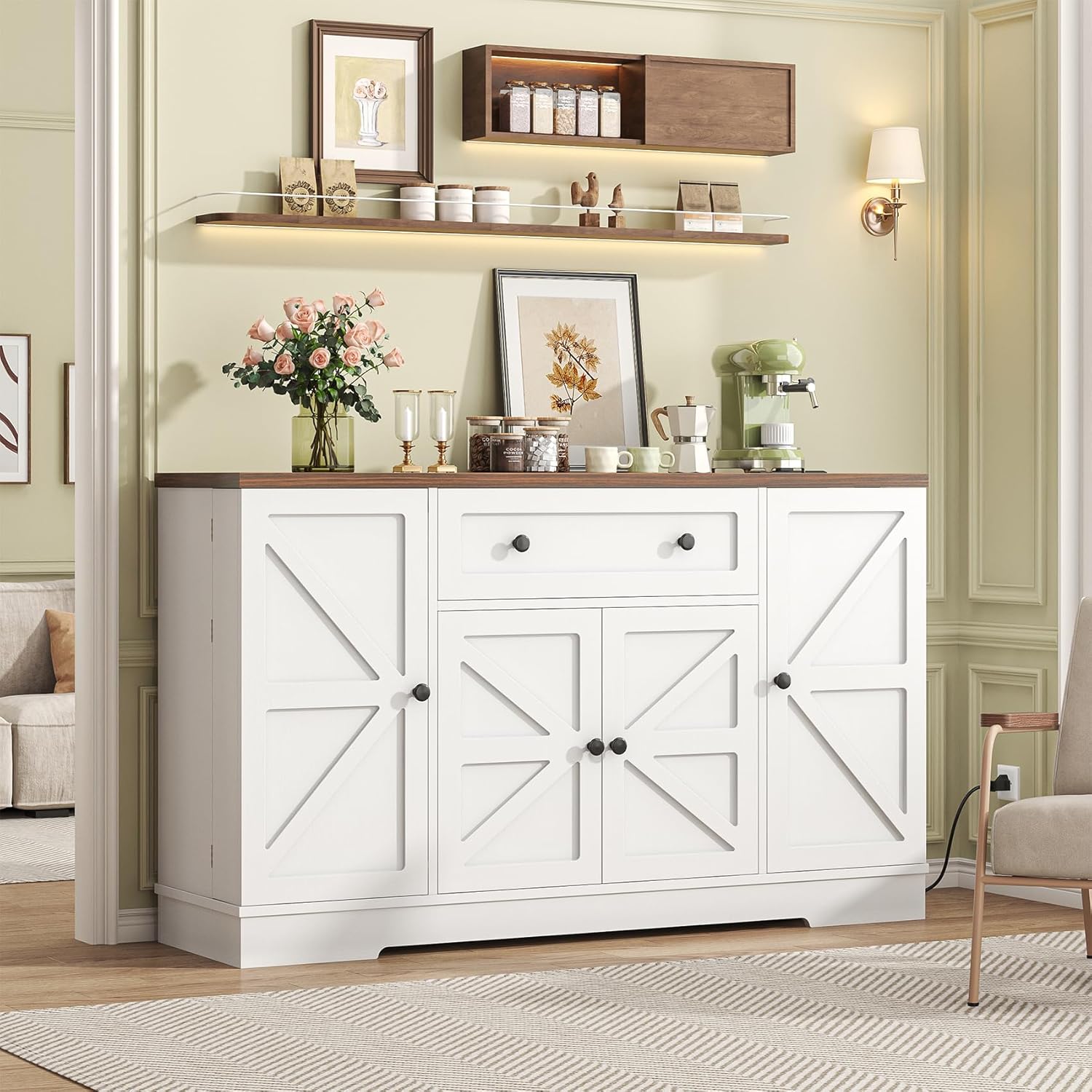 Bigbiglife Sideboard Buffet Cabinet, Modern Kitchen Coffee Bar Cabinet with Drawers & Charging Station, Storage Cabinet with Barn Doors, Wine Rack and Hooks, Wood Sideboard Buffet for Kitchen, White
