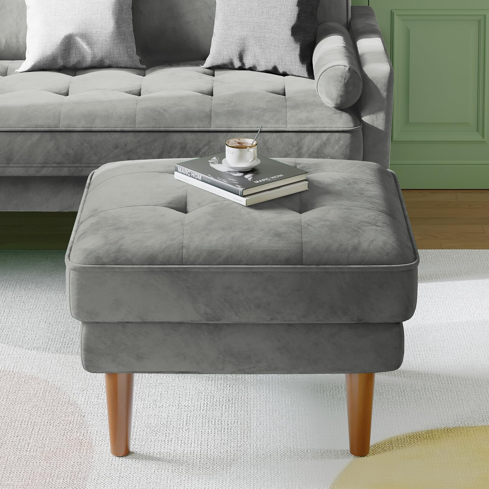 Vesgantti Small Ottoman Grey, Velvet Ottoman with Spring Cushion, Rectangle Foot Rest for Couch, Entrance Footstool with Wood Legs, Footstool for Living Room, Bedroom