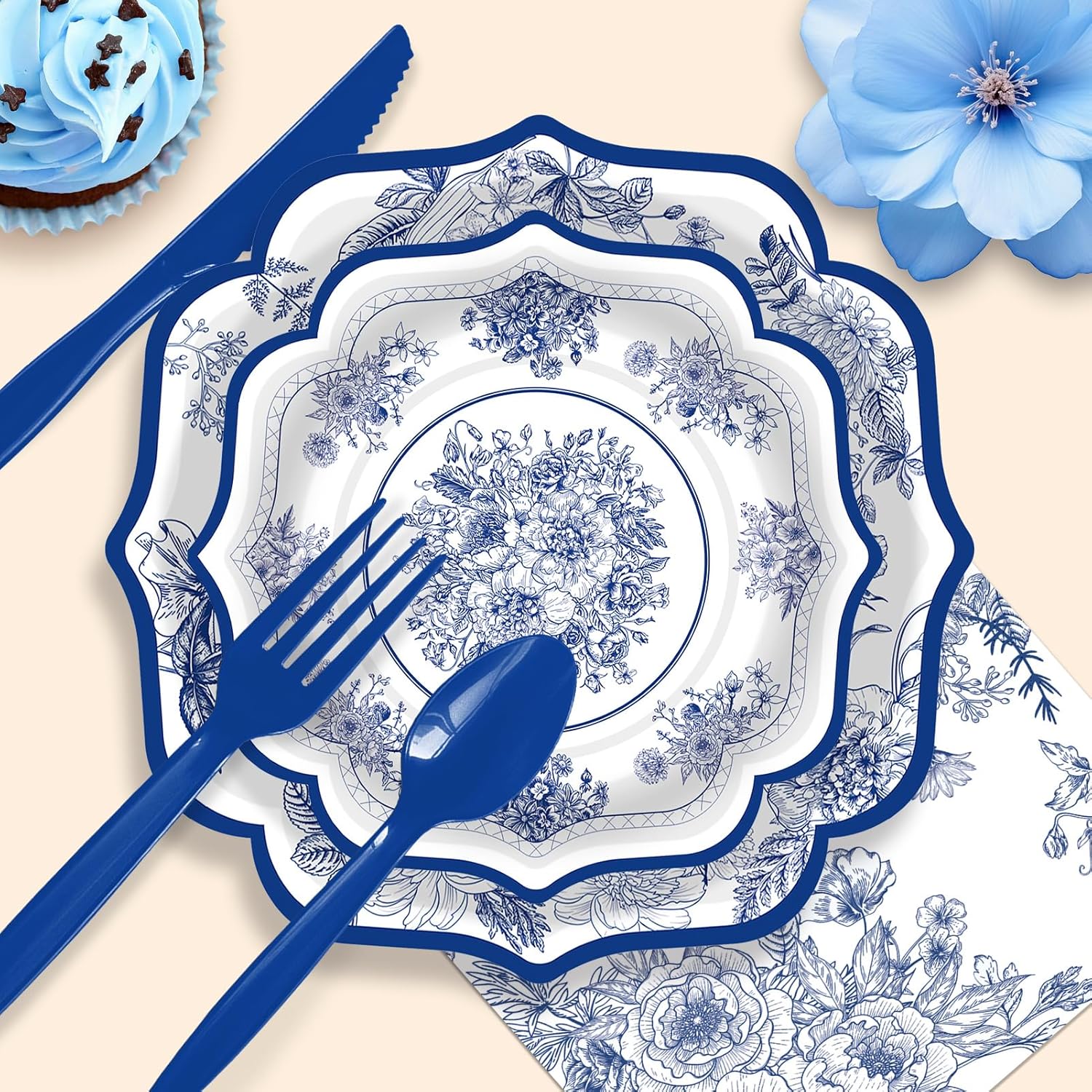 168 Pcs Blue and White Plates Serve 24 Guests Vintage Blue Floral Plates and Napkins Party Supplies Toile Paper Disposable Dinnerware Sets for Tea Party Birthday Bridal Shower
