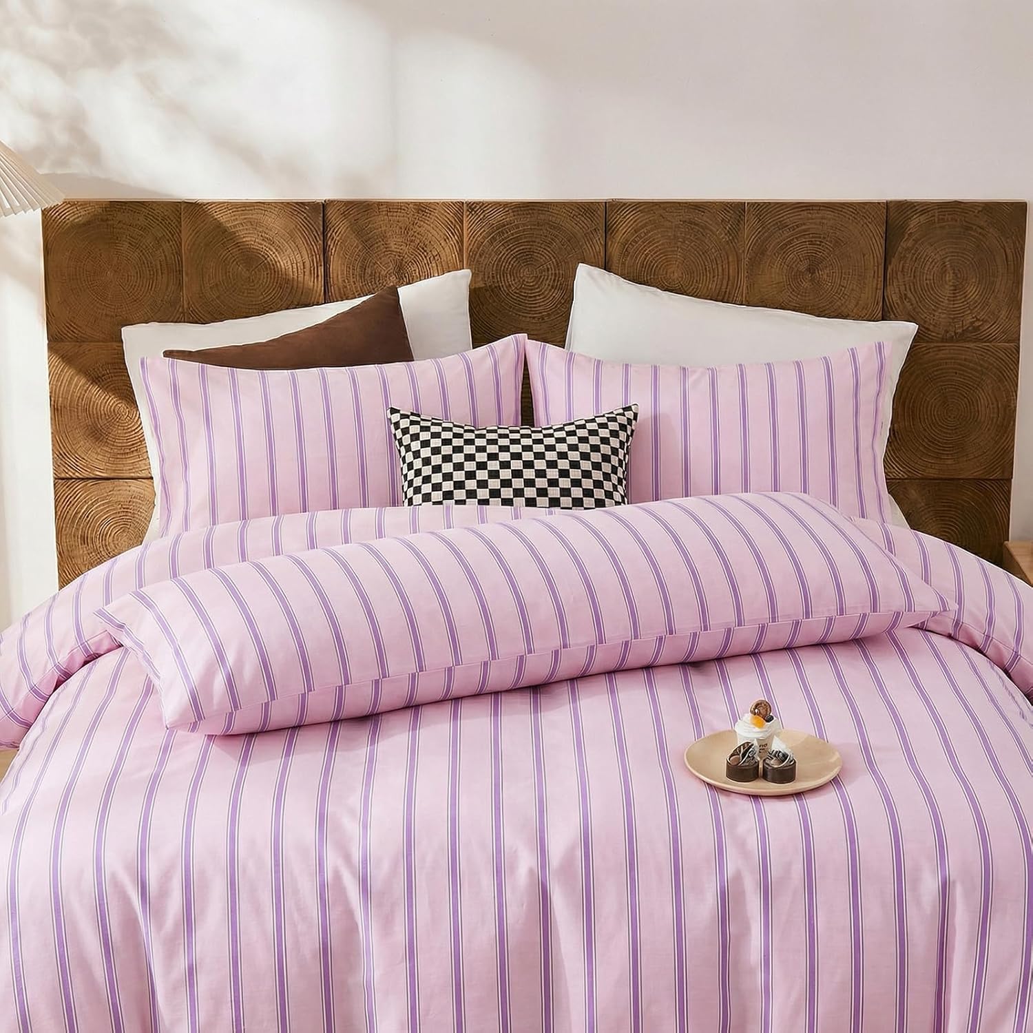 Merryword 100% Cotton Pillow Cases, Queen Size Pillowcases, Pink & Purple Striped Pillowcases, Luxury Linen Like Pillowcase, Soft Breathable Engineered Stripes Pillow Covers, Set of 2