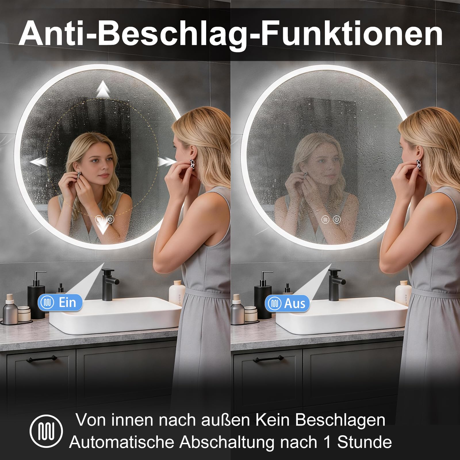 Badspiegel mit Beleuchtung 60cm, Runder Spiegel Badezimmerspiegel mit Beleuchtung, Touch-Schalter, Speicherfunktion, HD Hartglas, 3 Lichtfarben Dimmbarer LED Badezimmer Wandspiegel,60cm Rund