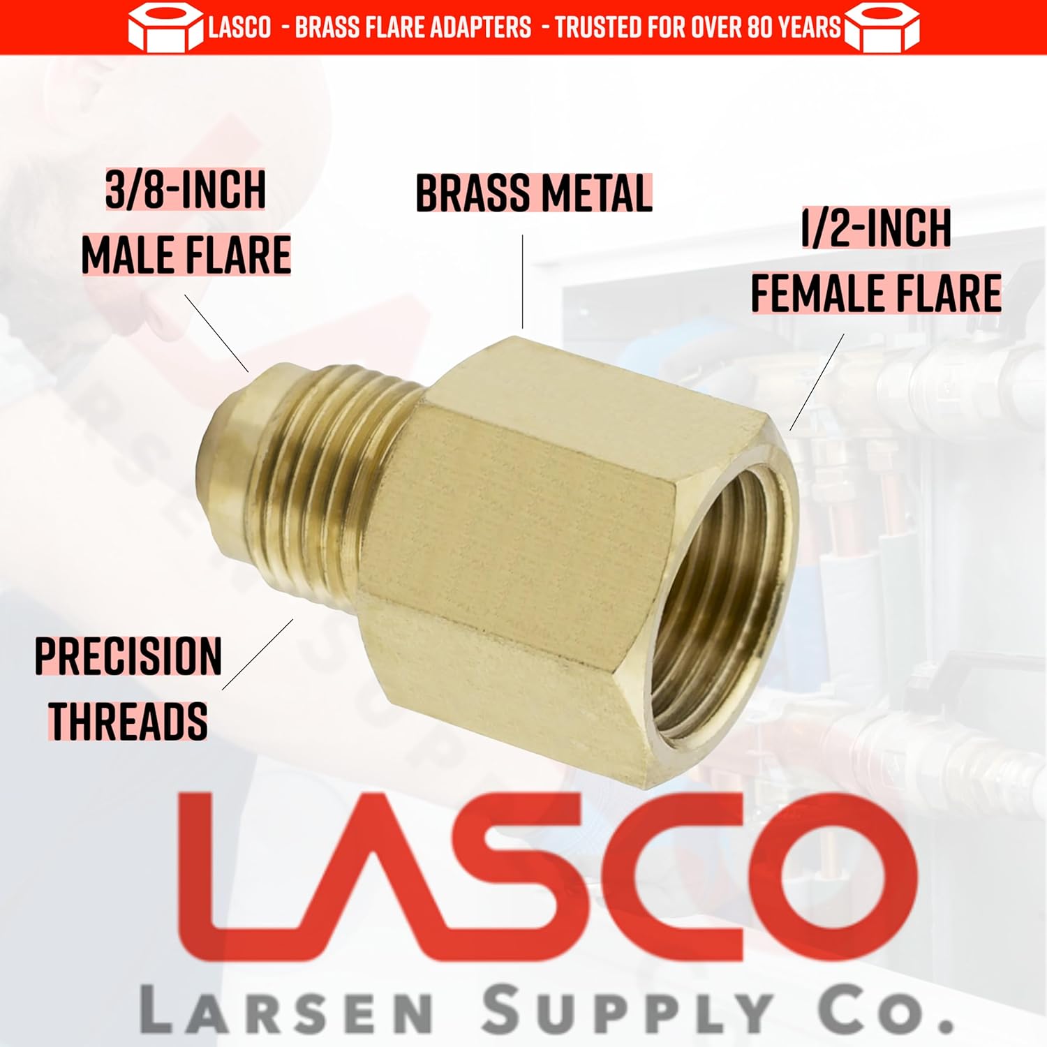 LASCO 17-5847 1/2-Inch Female Flare by 3/8-Inch Male Flare Brass Adapter