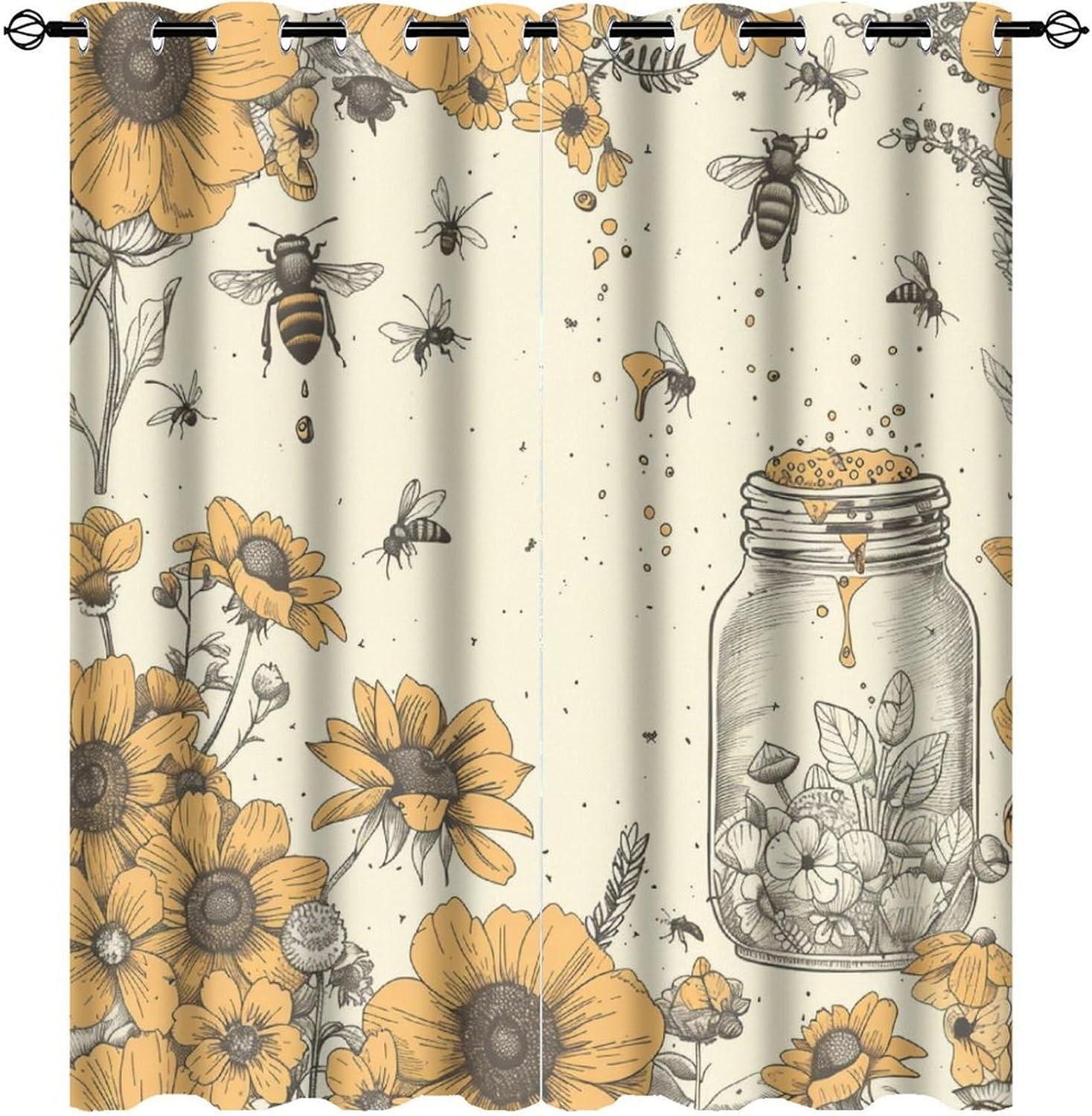 Retro Floral Honey Bee Blackout Curtains for Bedroom/Living Room, Funny Cartoon Rustic Insect Grommet Curtains Thermal Insulated Window Drapes, 2 Panels, Each 21W x 45L