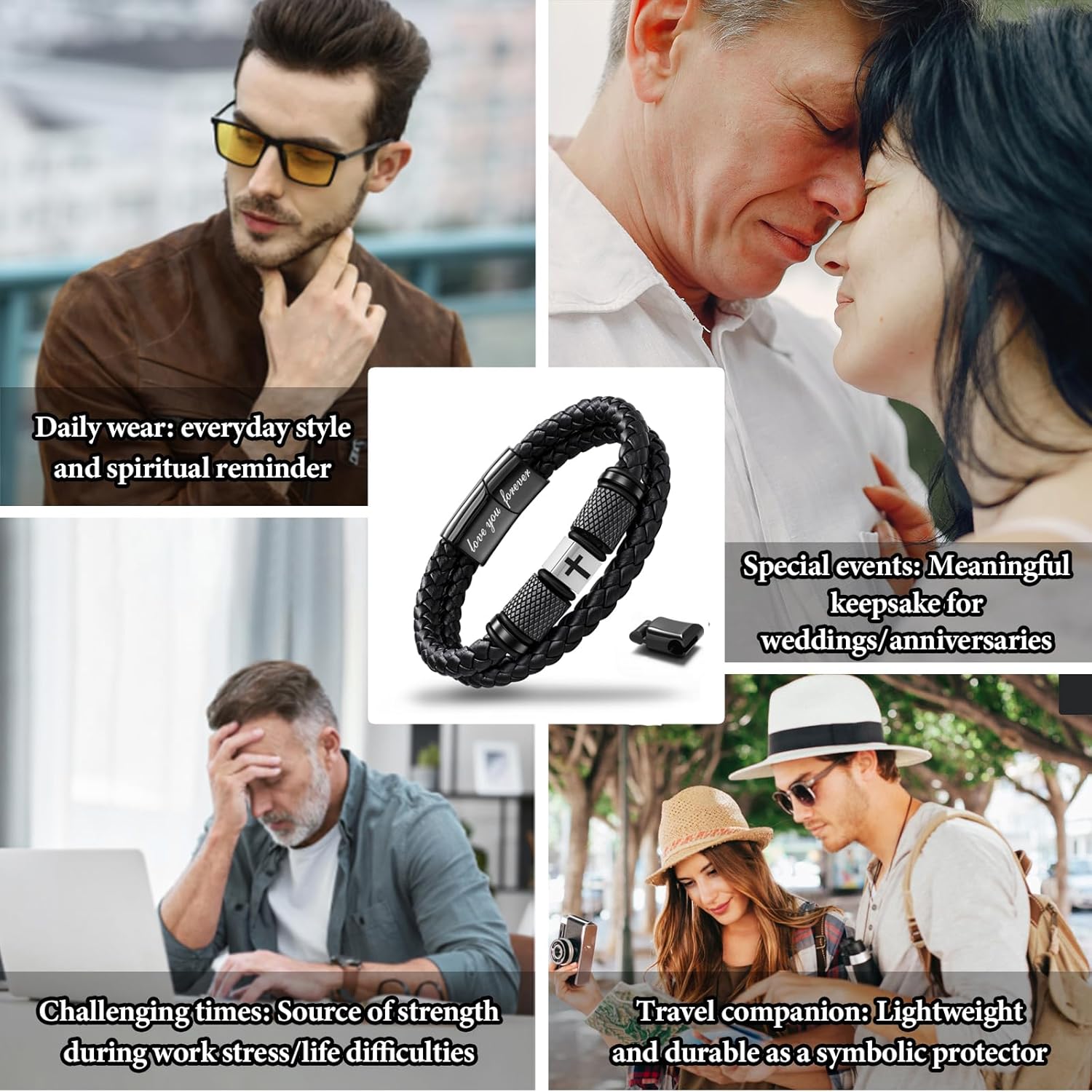 Christian Cross Bracelet for Men, Double-Row Braided Genuine Black Leather Multi-layer Cuff Bracelet Adjustable Wristband, Catholic Religious Jewelry Baptism Easter Gifts for Young Men Teenage