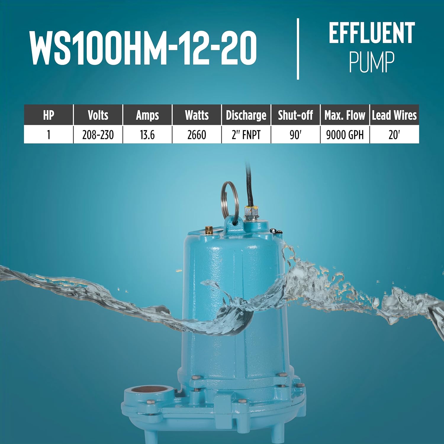 Little Giant WS100HM-12-20, 208-230 Volt, 60 Hz, 1 HP, 9000 GPH Manual Effluent Pump with 20-Ft. Lead Wires (No Plug), Blue, 620222