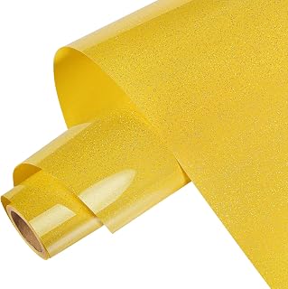 Gatichetta Shiny Shimmer HTV Smooth PU Heat Transfer Vinyl, 12" X 6ft Sparkle HTV Roll Heat Press Iron on Vinyl for DIY Fabrics, Yellow