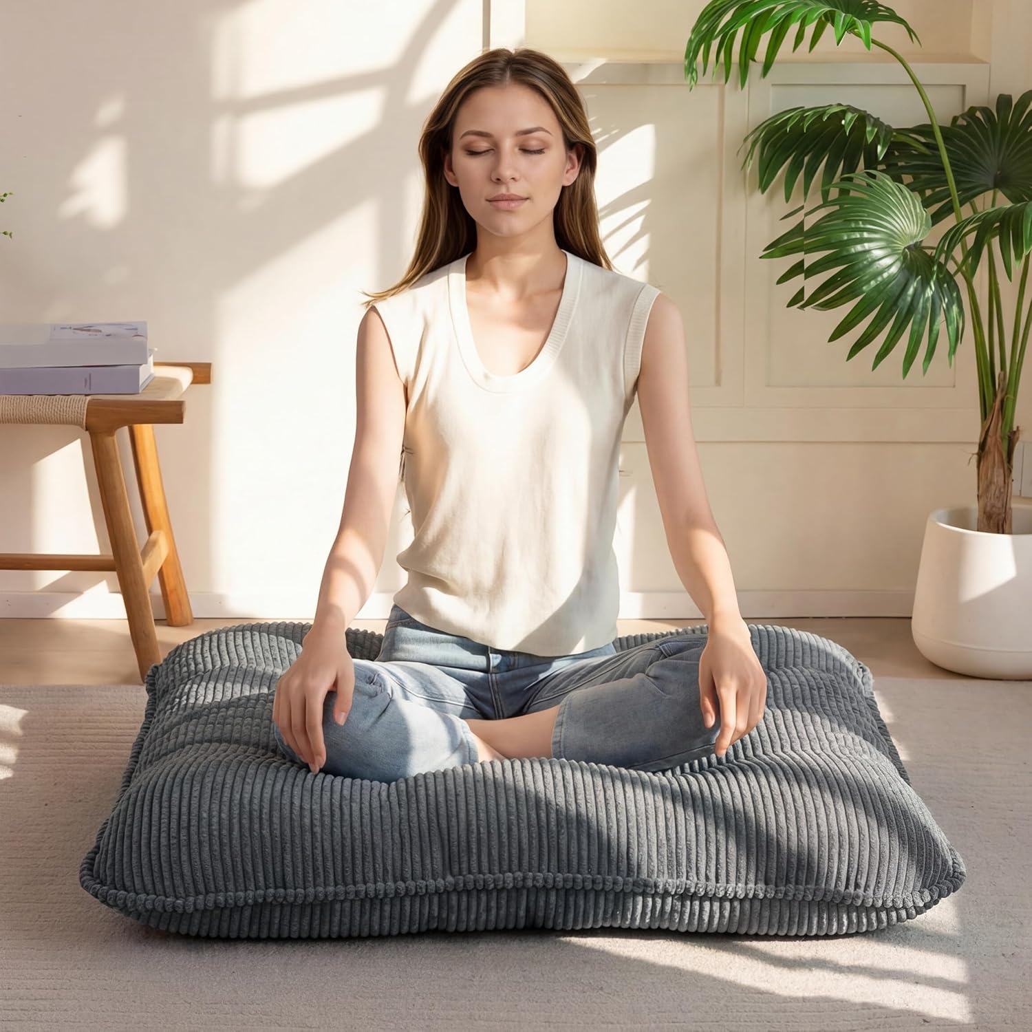 35" Washable Floor Pillow Cushion for Adults, Meditation Cushion Pillow, Extra Large Square Floor Sitting, Removable Tufted Corduroy Cover, for Tatami Living Room or Yoga, Dark Grey, Machine Washable