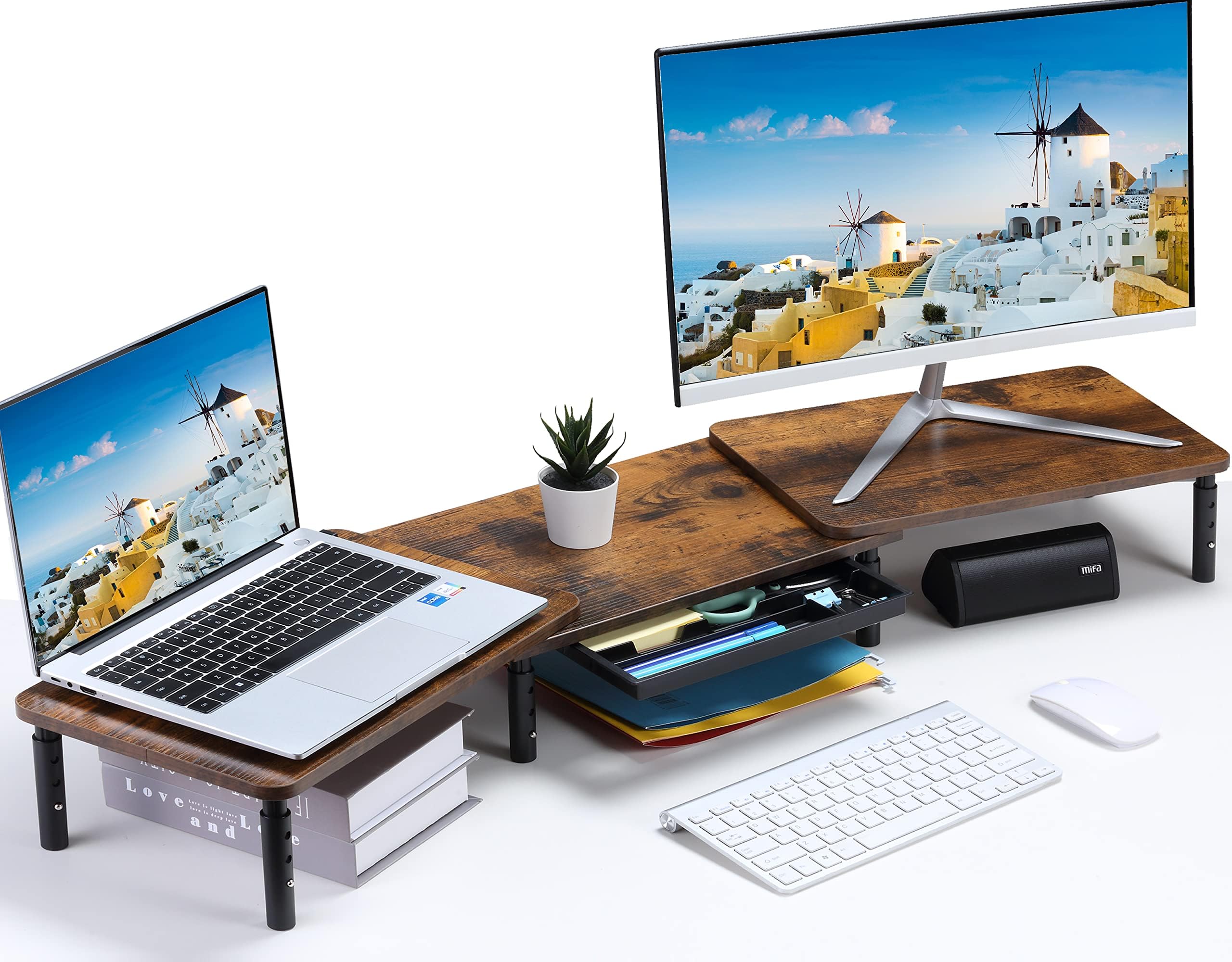 ETHU Supporto per doppio monitor, altezza dello schermo regolabile per 2 monitor, supporto per monitor regolabile con cassetto e supporto per telefono, aumento della lunghezza e dell'angolo