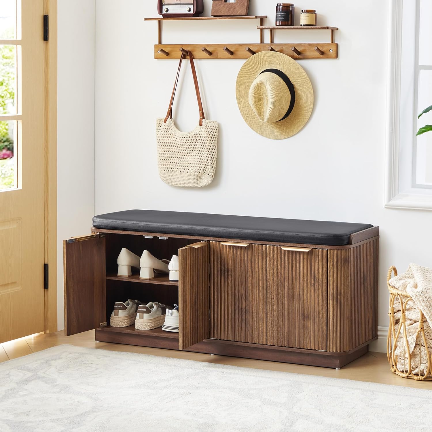 43.3''W Fluted Entryway Shoe Storage Bench with 4 Doors and Adjustable Shelf, 2-Tier Entry Bench Seat with Shoe Storage and Cushion, Shoe Cabinet Bench for End of Bed, Foyer, Hallway -Walnut