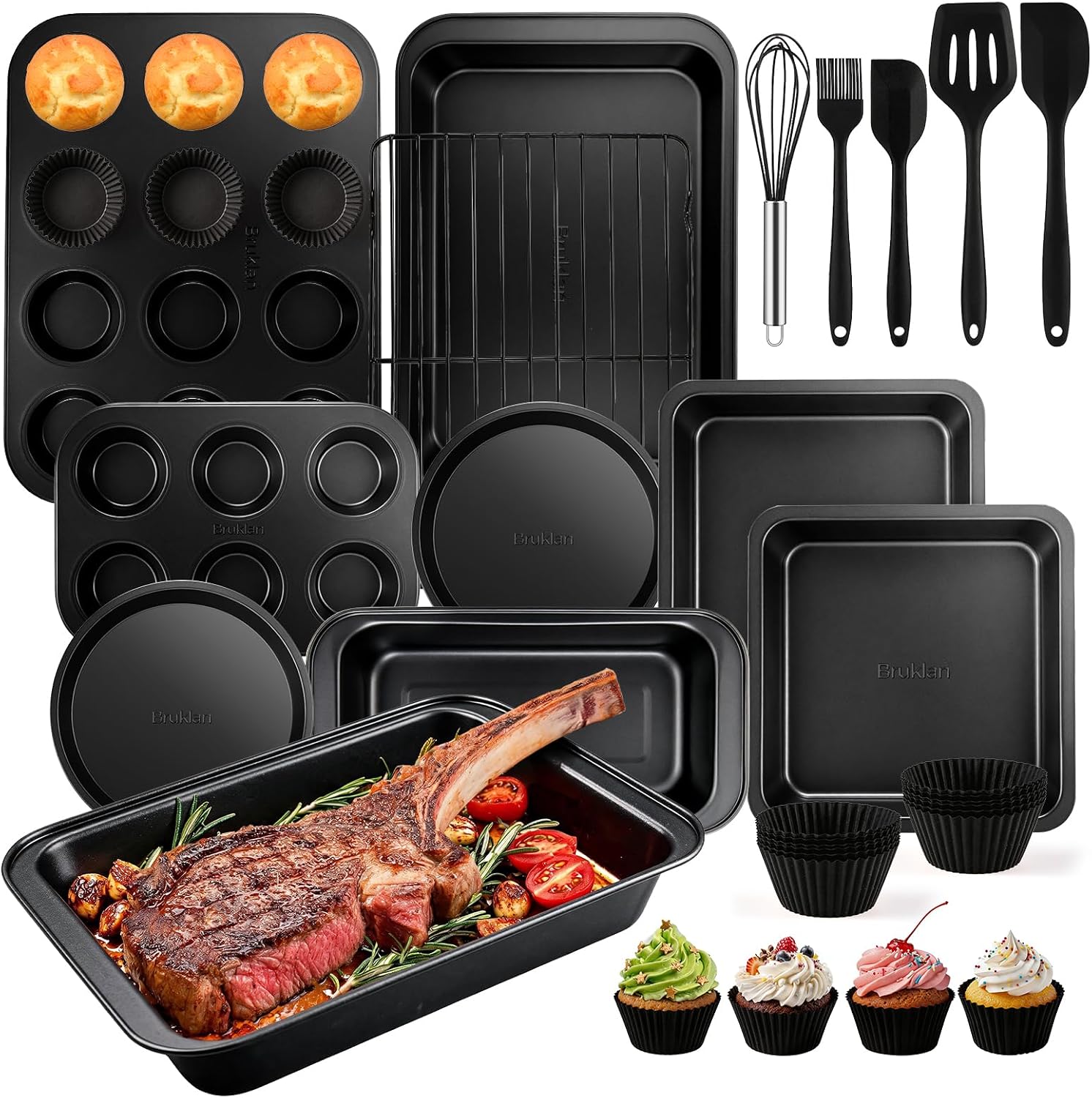 25-Picec Nonstick Baking Pans Set, High-Carbon Steel for Kitchen (Black)
