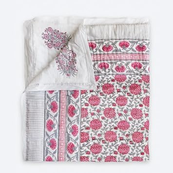 Saffron Marigold Reversible Pink Quilted Throw Blanket, Queen Sized Handmade Hand Block Printed Dahlia Daydreams Cotton Voile Jaipuri Razai Bedspread for Bed 90 x 90 Queen in