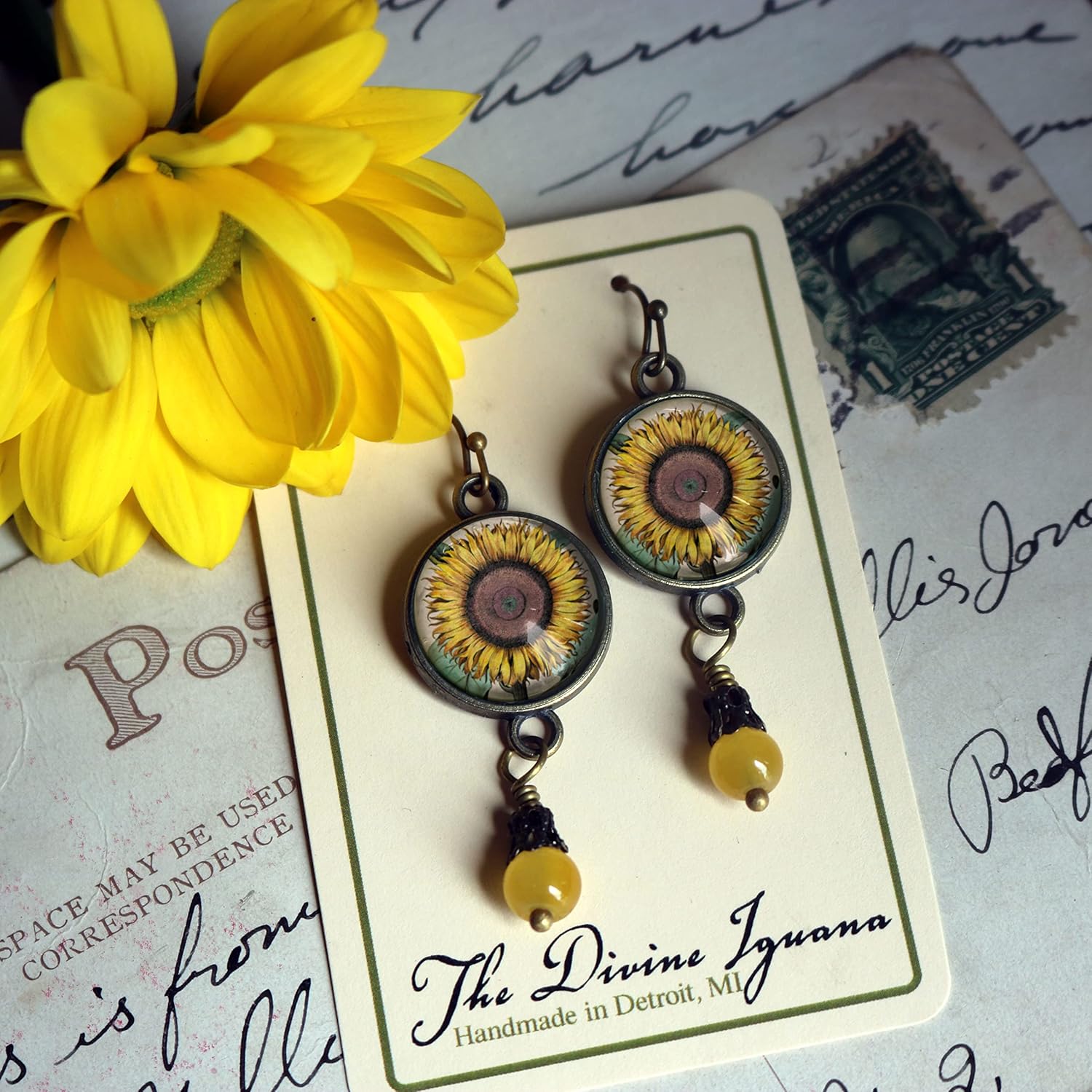 Sunflower Victorian Inspired Glass Cabochon Earrings