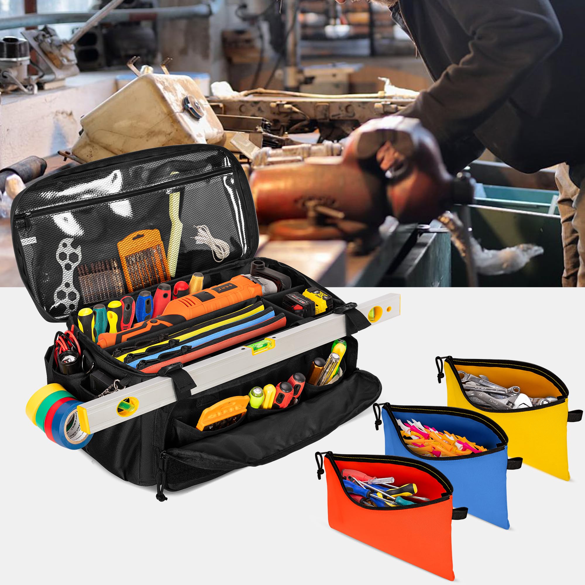 Rexmica Sac à Outil et 3 Pochettes à Outils, Rangement Outils pour Hommes | Tactique Sac de Travail Polyvalent pour Réparateur, Charpentier, Bricoleur, Électricien, Noir