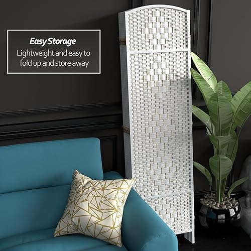 Miniatura 10 de Divisor de ambiente resistente de 6 pies, pantalla de privacidad plegable de fibra de ratán con patrón de diamante, Madera, Blanco