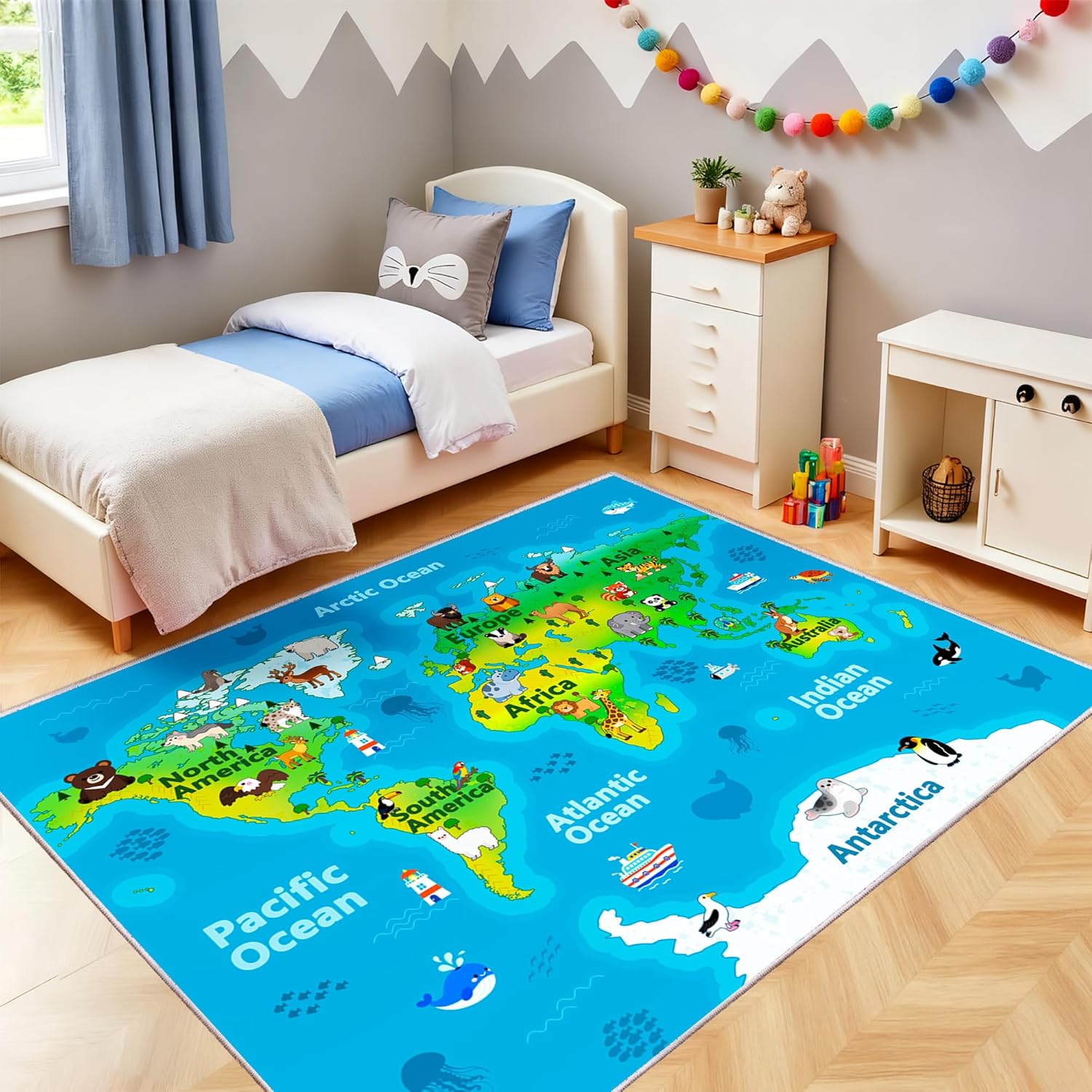 Kids Playroom Rug, 8x10ft World Map Play Mat with Cute Animals, Washable Durable Soft Carpet Kid Educational Rugs for Boys Girls Bedroom Nursery Classroom