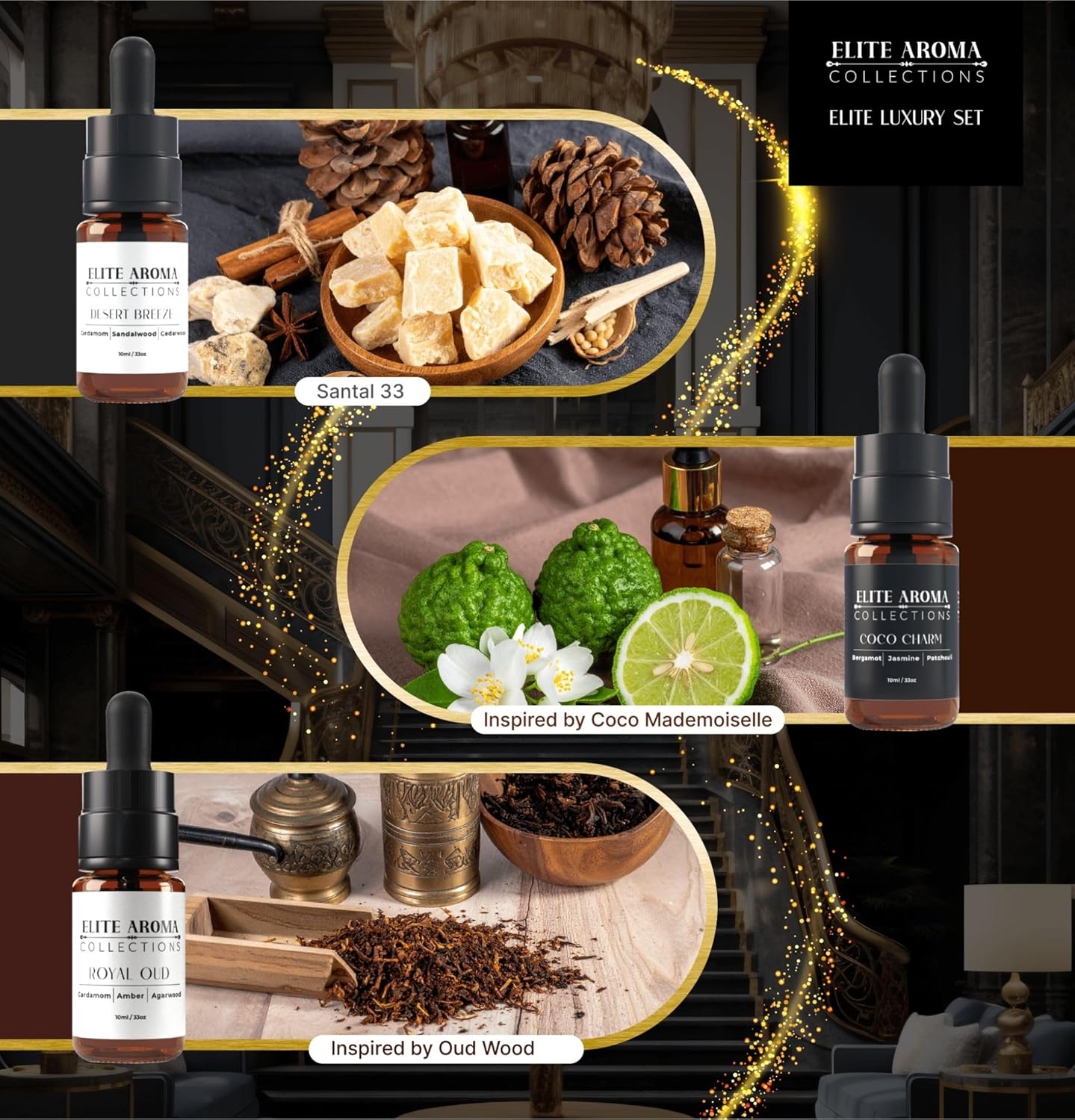 Luxury Hotel Diffuser Oil - Elite Aroma Collection Essential Oils - Coco Charm, Desert Breeze, Royal Oud (3-Pack, 10ml Each) - Premium Hotel-Inspired