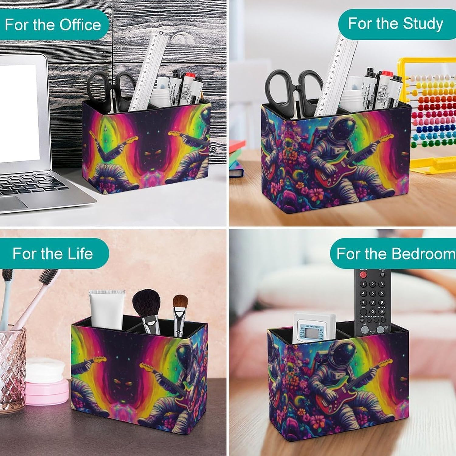Astronauts Playing Guitar in Spacees Pencil Pen Holder PU Leather Desk Storage Organizer Makeup Brush Box
