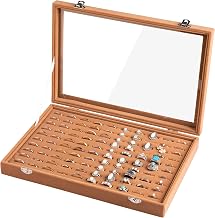 Frebeauty Ring Organizer Tray 100 Slots Ring Holder with Clear Lid Velvet Storage Box Jewelry Tray for Jewelry Store Earring Display Case for Jewelry Show Studs Box for WomenCamel