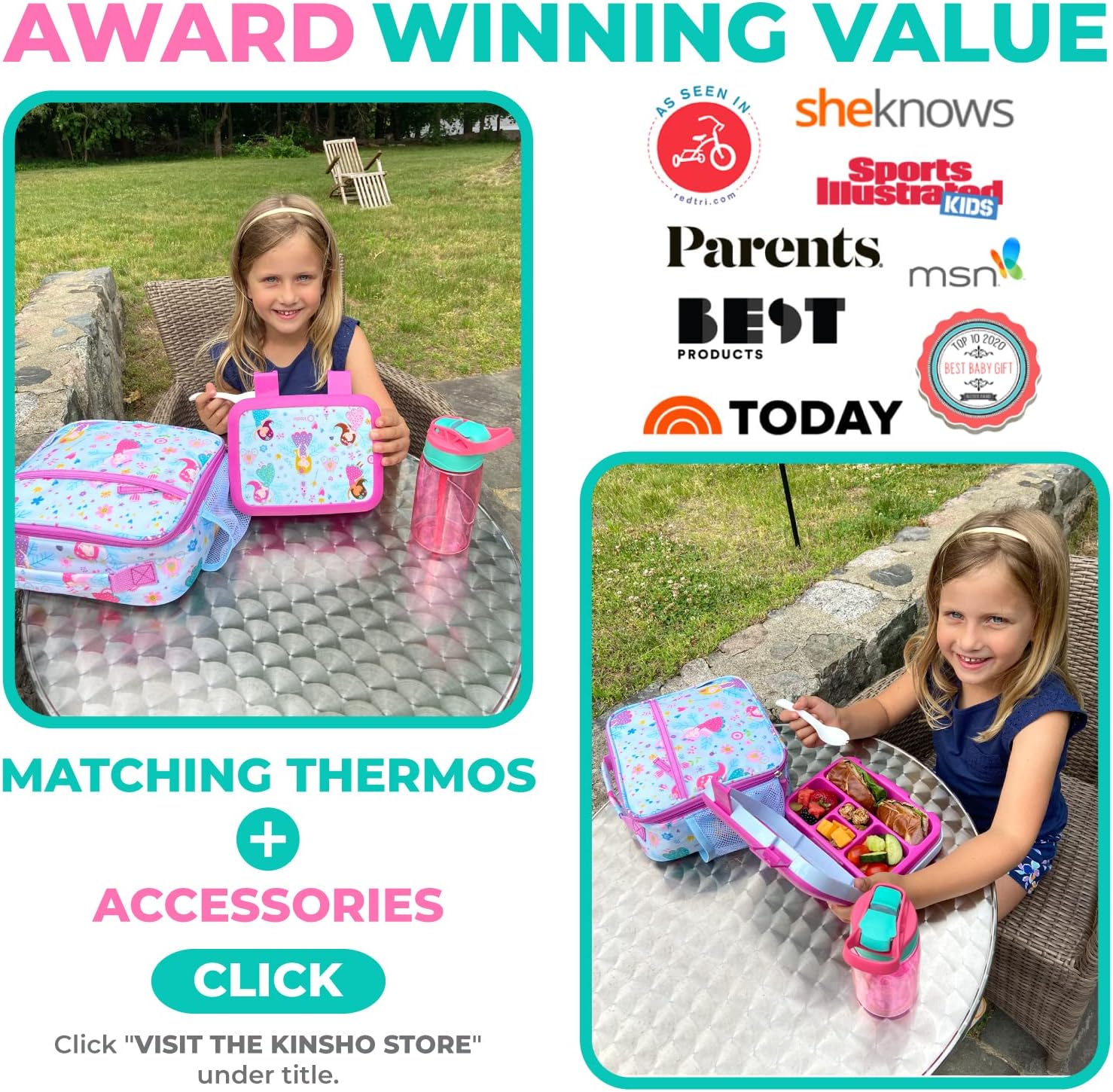 Bento Box, Lunch Bag, Ice Pack Water Bottle Set for Kids - 5 Compartments, Removable Tray, Lunches or Snack Container Girls Toddlers Daycare Pre-School, Kindergarten Pink Purple Fairy Princess - Image 7