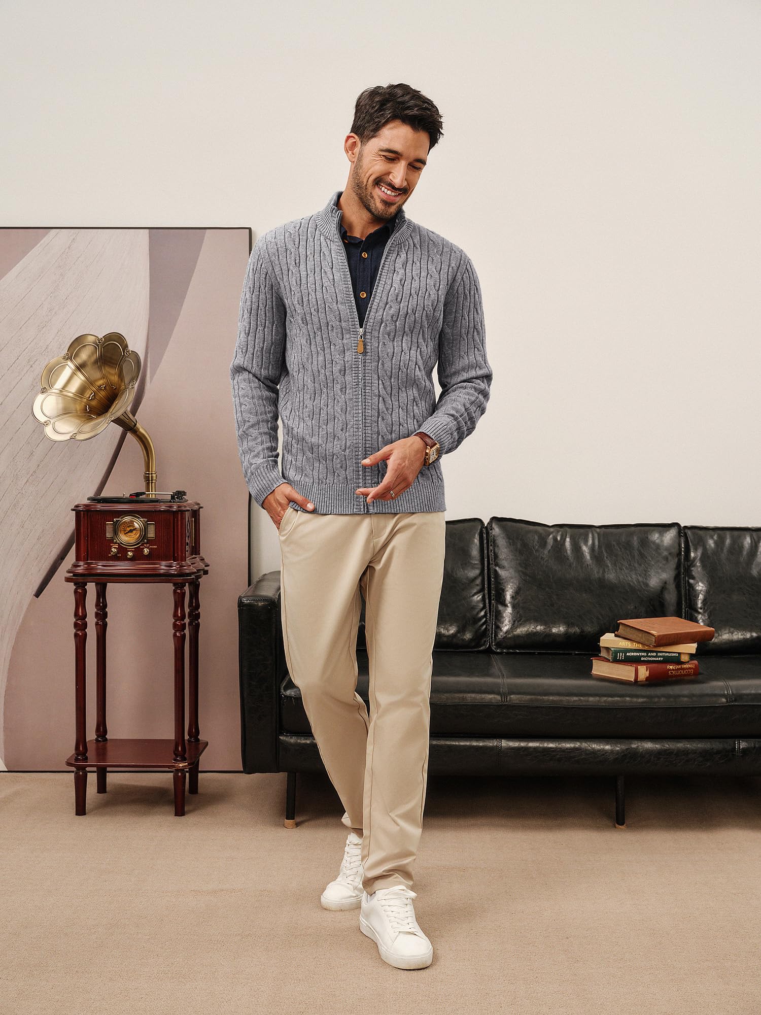 PJ PAUL JONES Cardigan da uomo con chiusura lampo, colletto alto, motivo a treccia