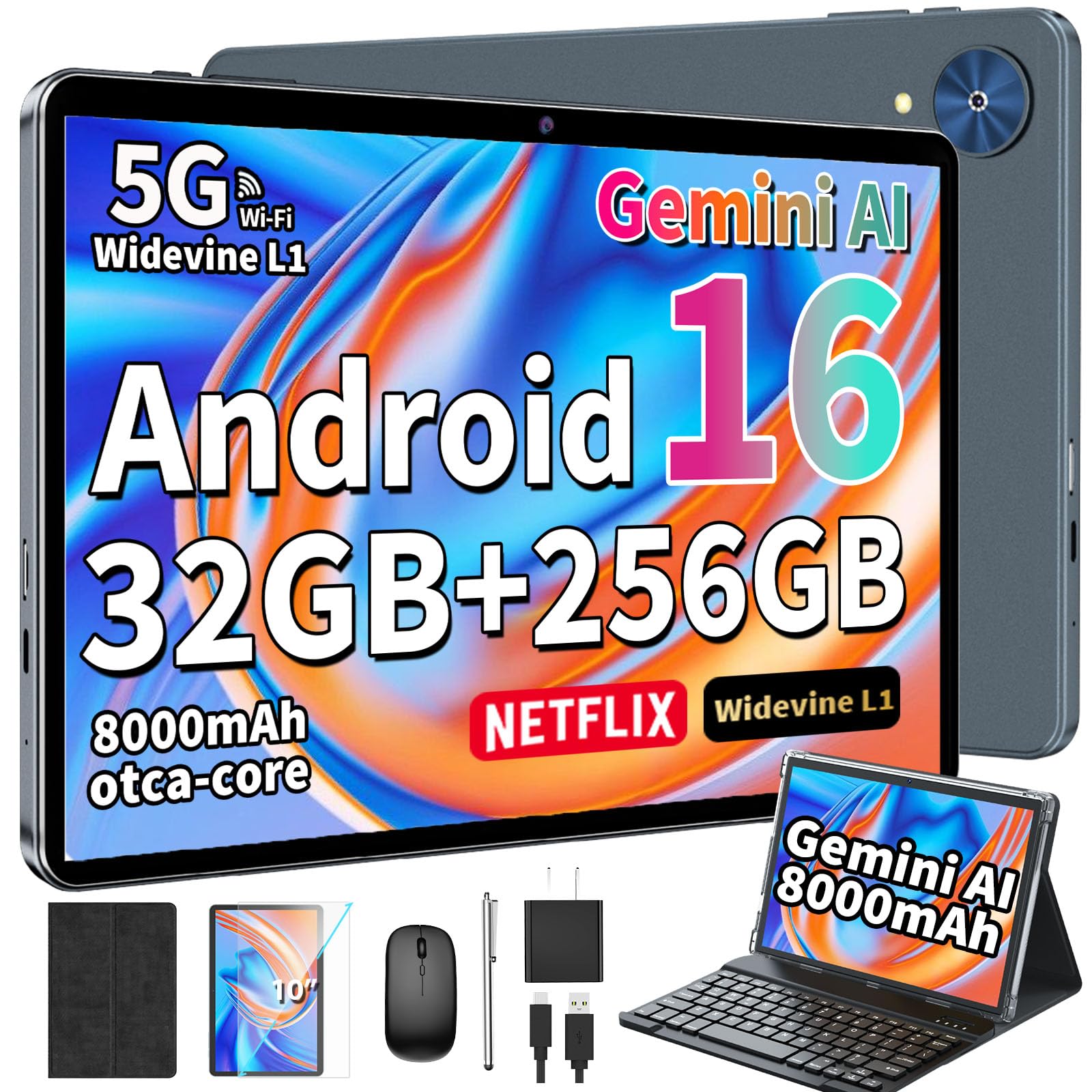 Tablet, 10 Inch Android 16 Tablet with Keyboard, Gemini AI, 32GB+256GB+2TB