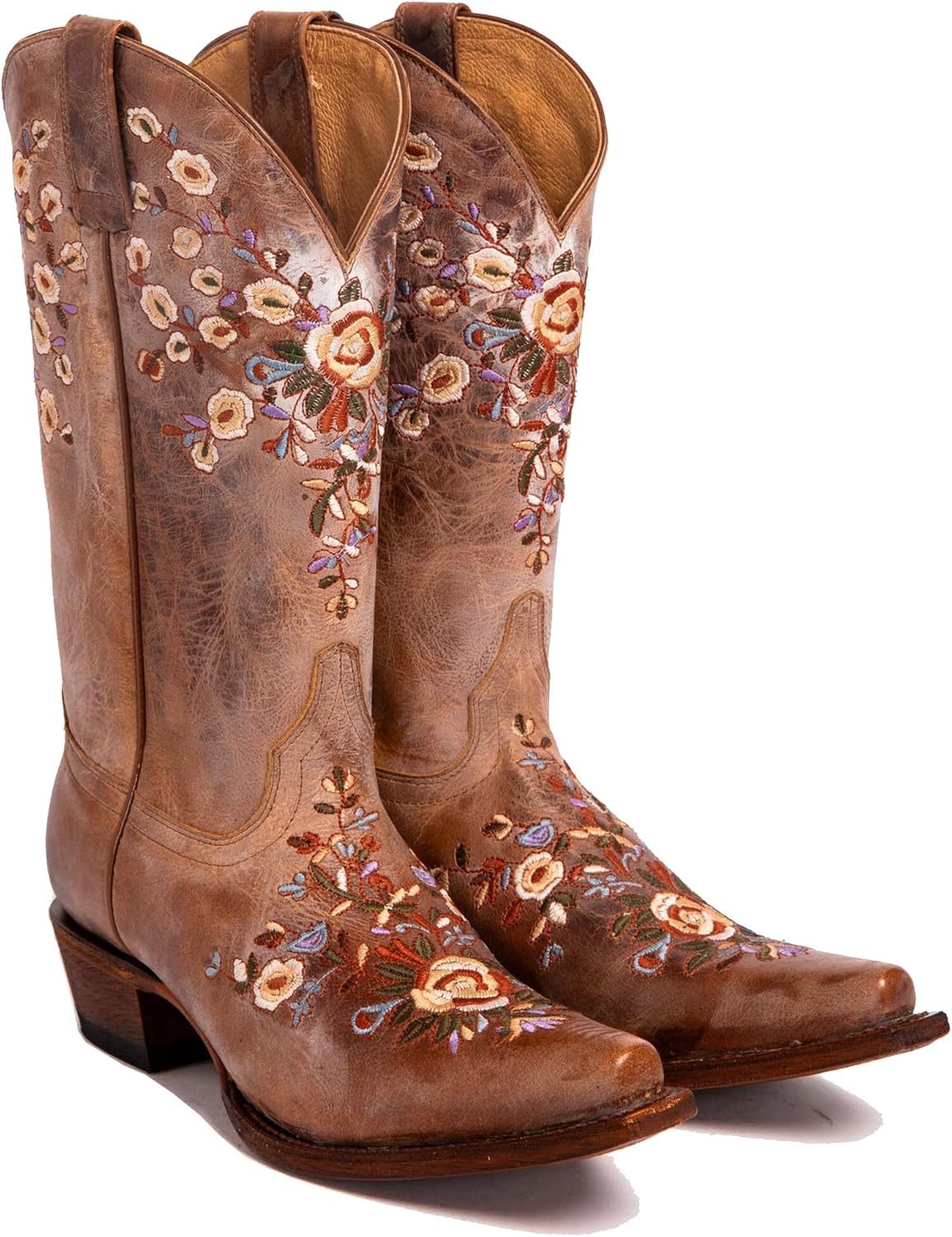 STALOV Cowboy Boots for Women Embroidered Mid Calf Chunky Pull-On Fashion Cowgirl Boot
