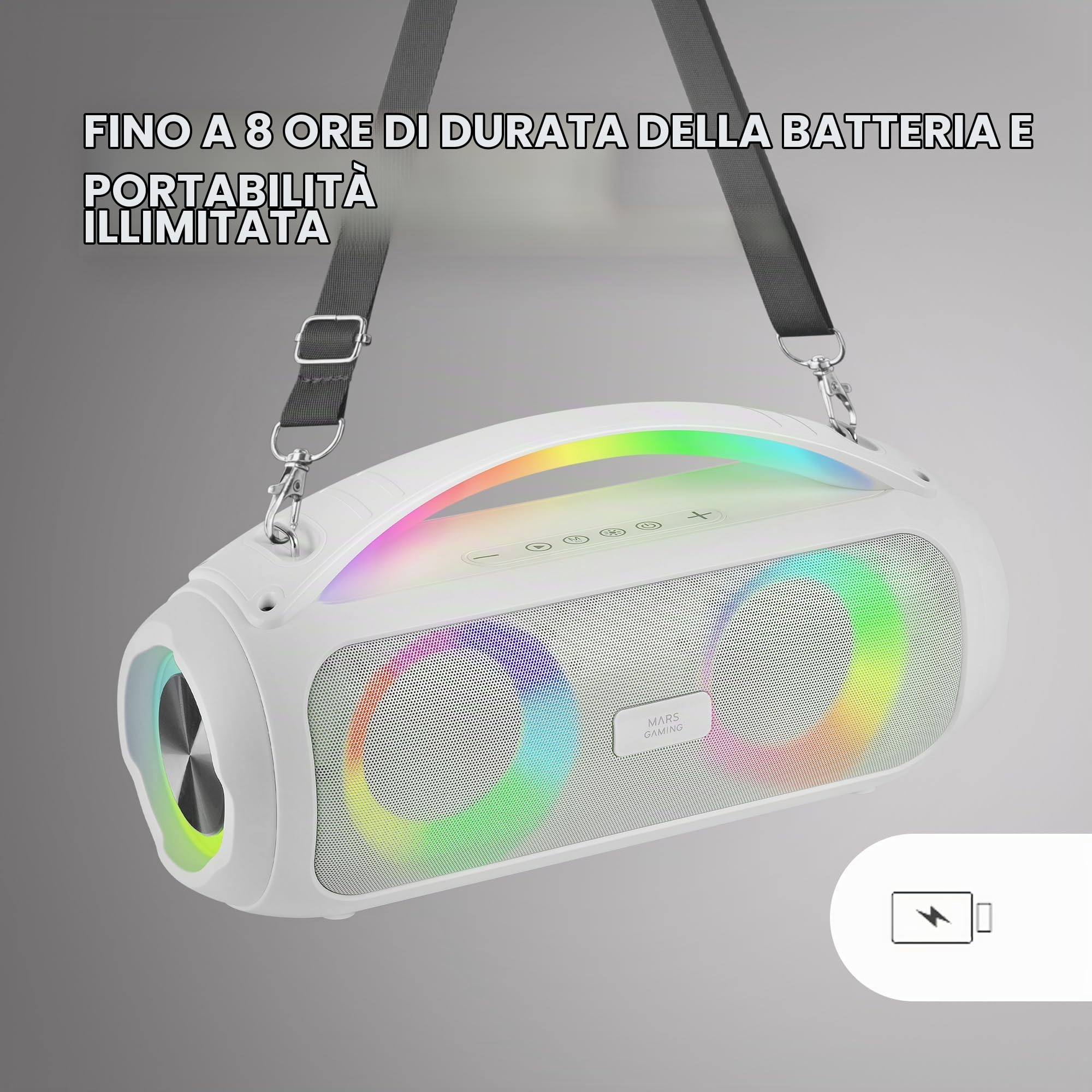 MARSGAMING MS-PULSE, Altoparlante Bluetooth Portatile 50W RMS, Illuminazione RGB, 2 Driver Attivi 93mm + 2 Driver Passivi Ultra-Bass, Vivavoce, USB/MicroSD/AUX/FM, Maniglia e Tracolla, Bianco