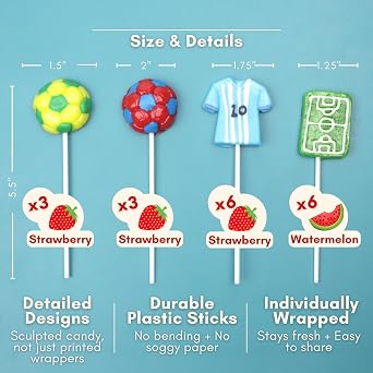 Soccer Lollipops, Ball, Jersey, and Field Individually Wrapped Suckers, Sports Team Party Favor Snack Candy and Goodie Bag Fillers, 18 Count