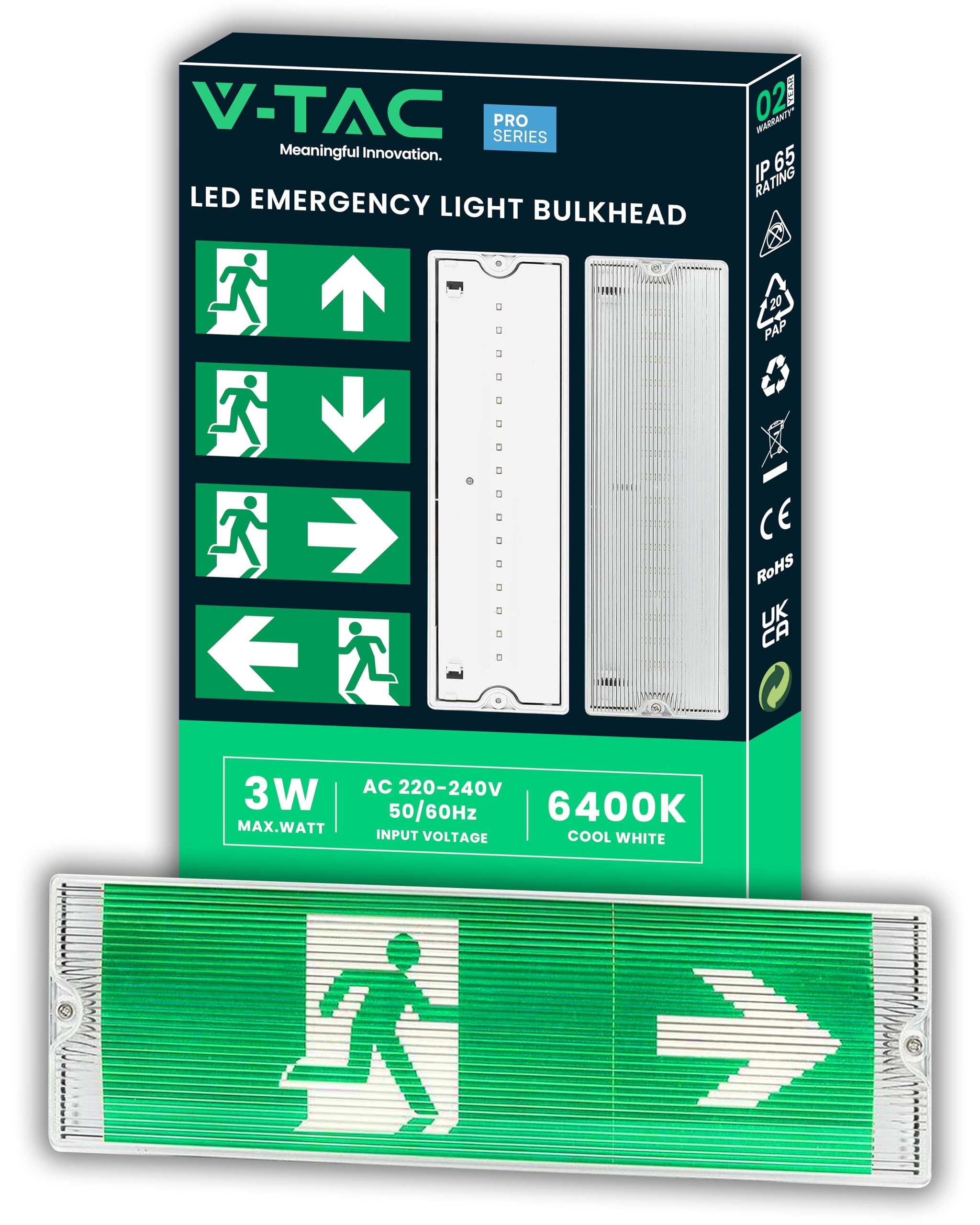 V-TAC Lampe de Secours LED 3W pour Plafond et Mur - Éclairage de Sortie de Secours avec Batterie - Autonomie 3 Heures - IP65 - Lampe pour Issue - Exit - 4 Signalisations Incluses - Lumière 4000K