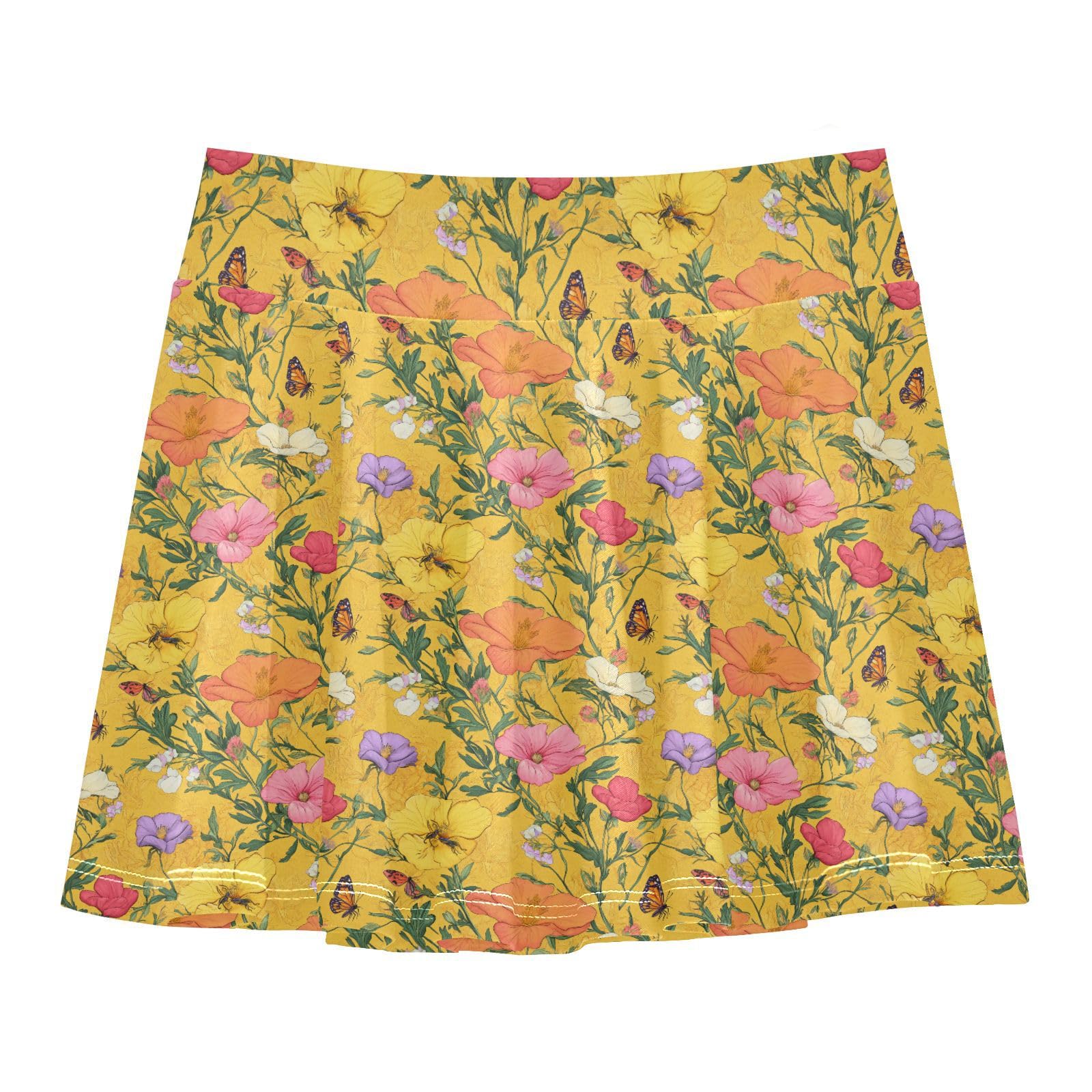 Gold Spring Flowy Little Girls Tennis Skirt with Built in Shorts Kids Pleated Tennis Skirt Skorts for Little GirlWith Pockets