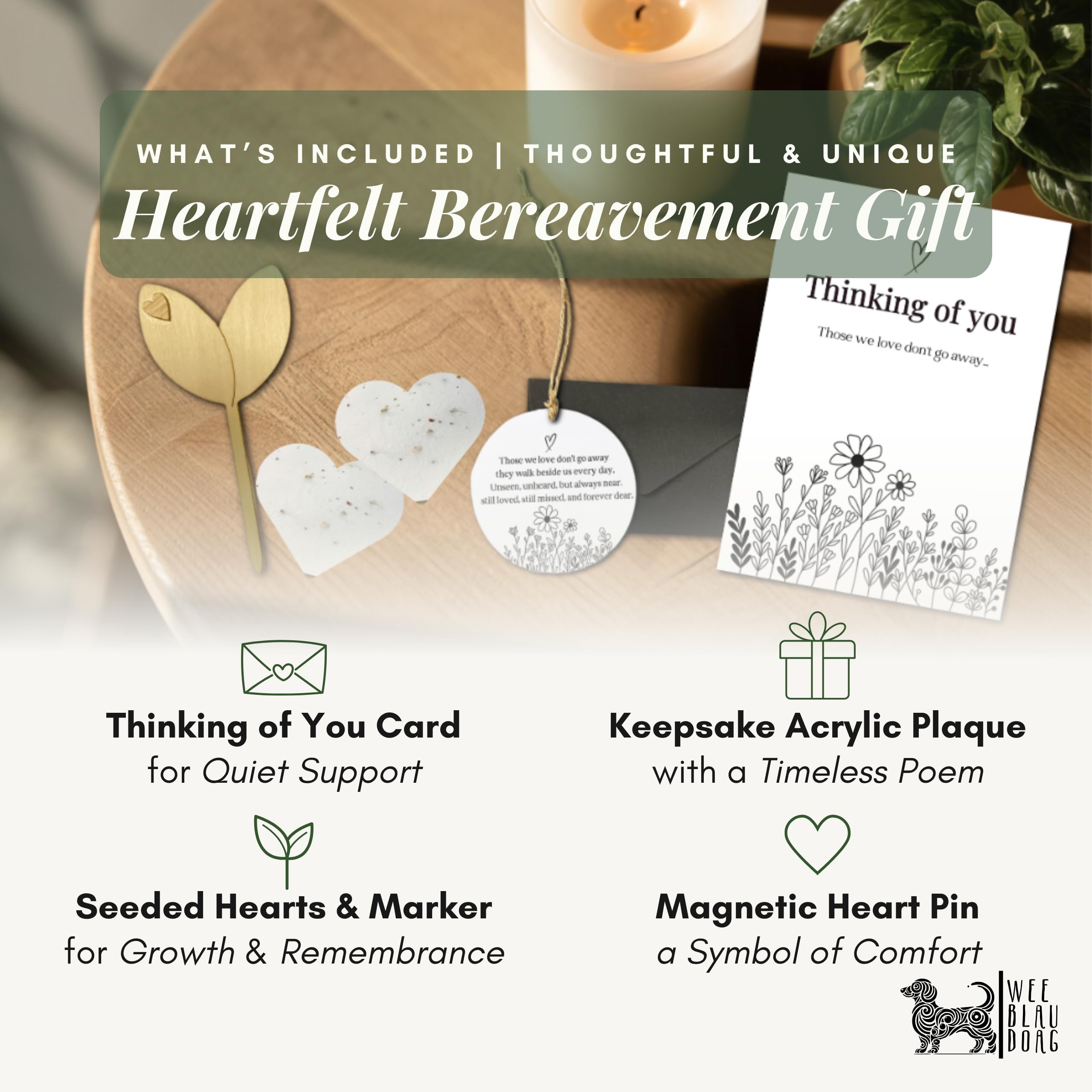 Wee Blau Doag Pet Loss Sympathy Gift: 5-Piece Pet Bereavement Gifts Set including Condolence Card, Seeded Hearts, Plaque & Pin - Image 2