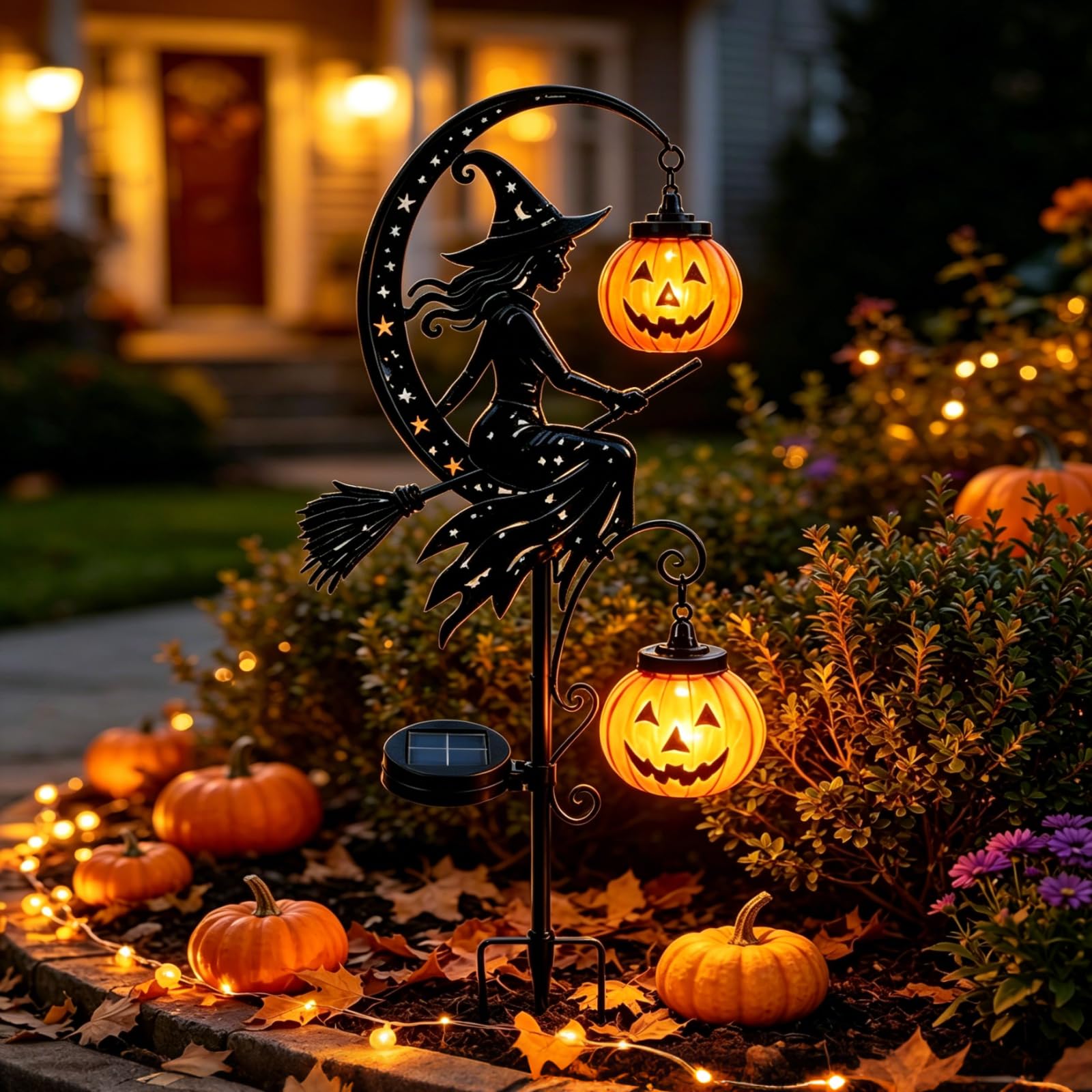 Solar Witch Pumpkin Moon Garden Stake Light, Waterproof LED Outdoor Decor
