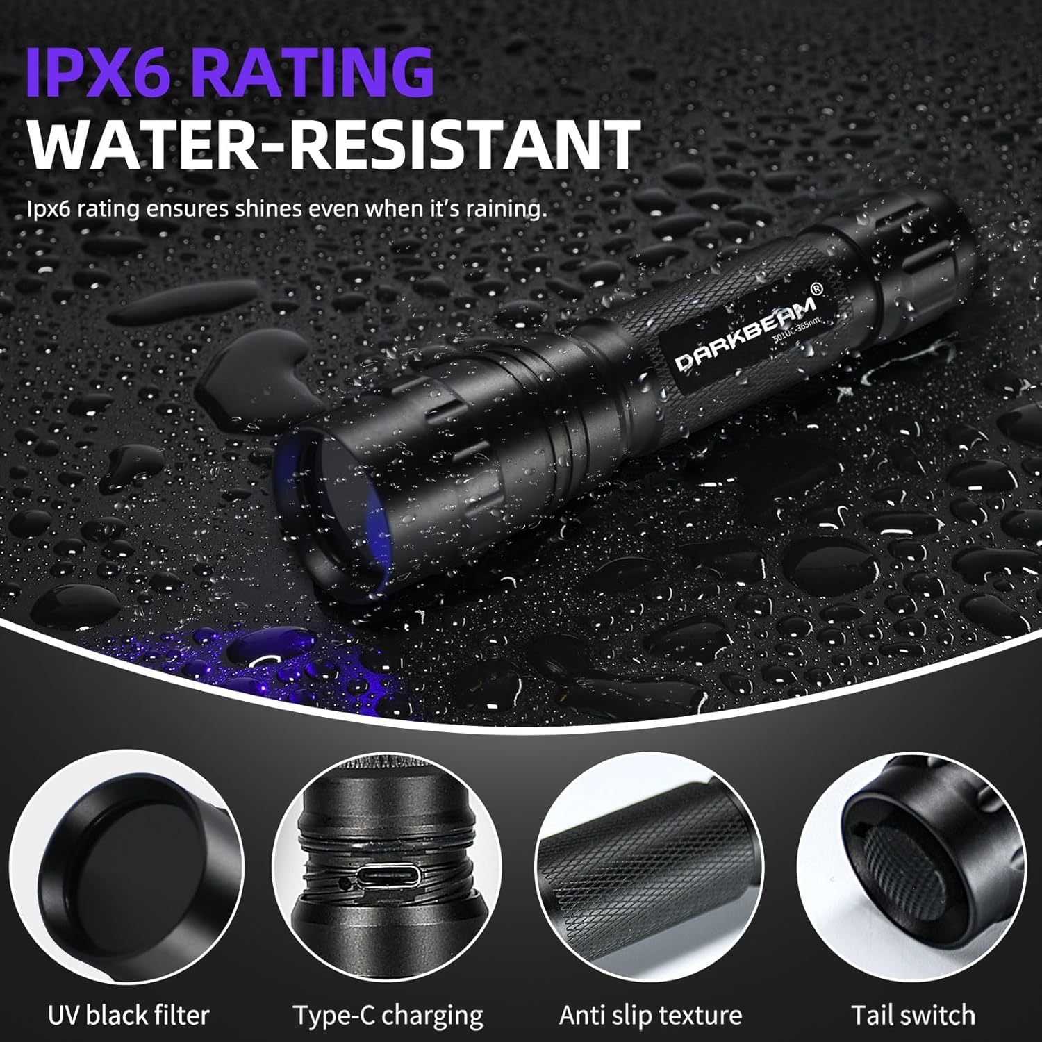 DARKBEAM UV Flashlight 365 nm Light Blacklight, Mini Powerful Wood’s Lamp USB-C Rechargeable, LED 10W Ultraviolet Flashlights Pocket Pet Urine Detector for Mineral, Uranium Glass, Resin Curing
