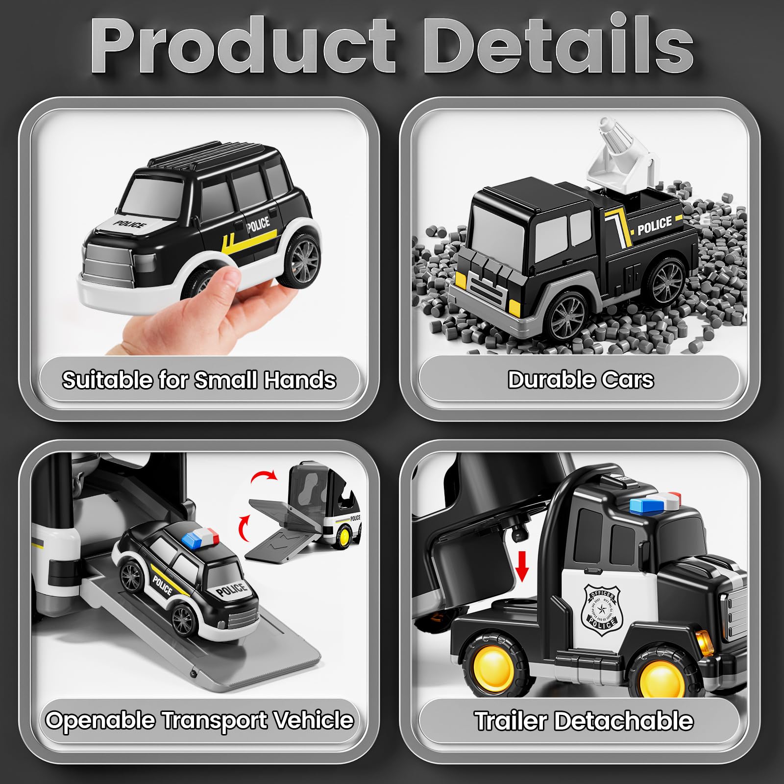 JUKUDAHU Police Truck Toy for 3 4 5 6 Years Old Boys, Carrier Vehicle Toy Set including 3 Small Cars and 1 Helicopter - Image 4
