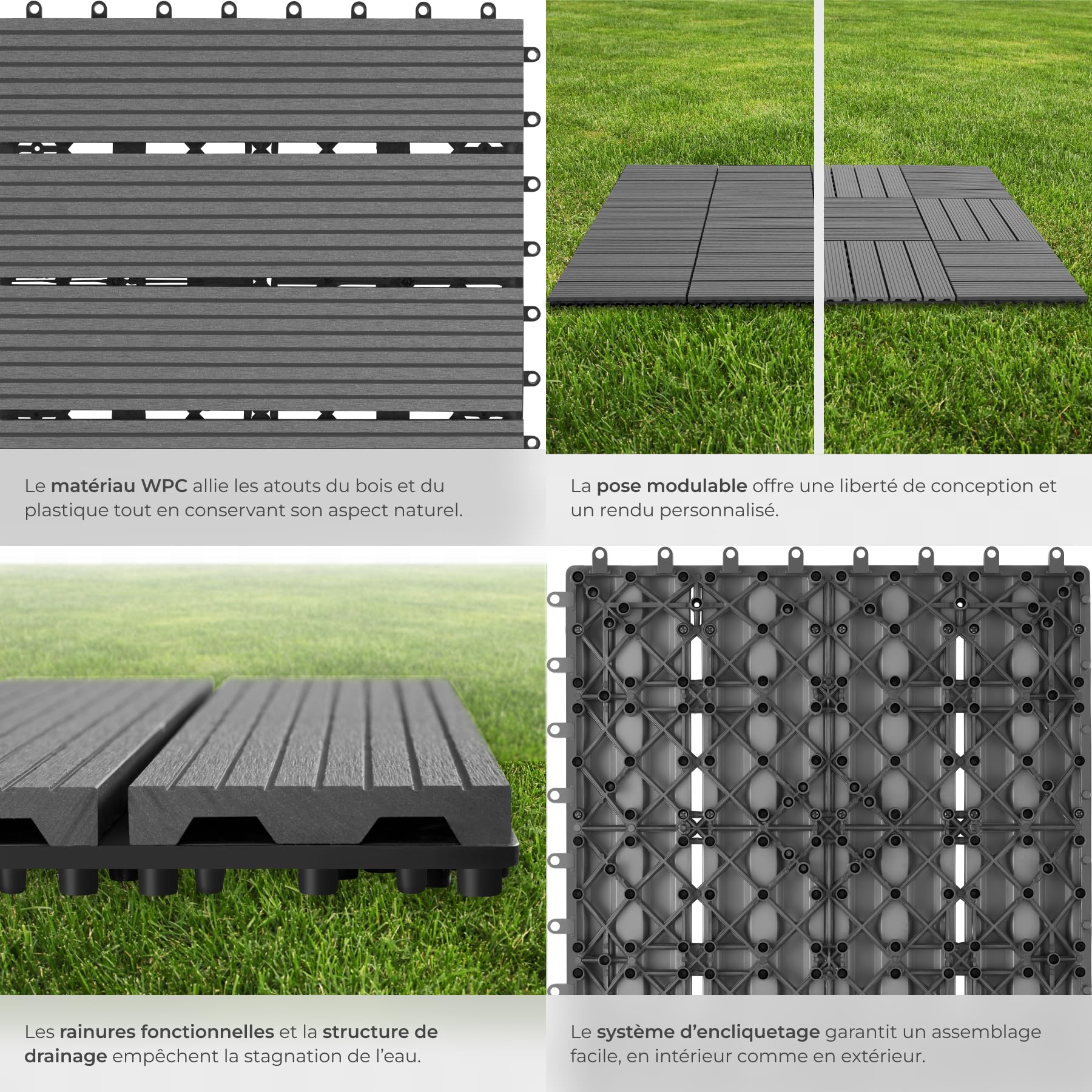 tectake® 22 Dalles clipsables exterieur 31 x 31 cm, Caillebotis exterieur aspect Bois Dalle WPC, Surface couverte 2.1142 m², Résistant intempéries, Revêtement sol extérieur Terrasse, Balcon, Veranda