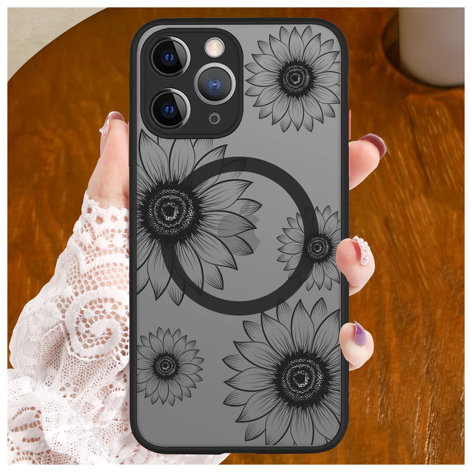 OOZ Case for iPhone 13 Pro Max 6.7 inch [Compatible with MagSafe] Black Cute Sunflower Pattern Case for Women Girls Men Black Frosted PC Back
