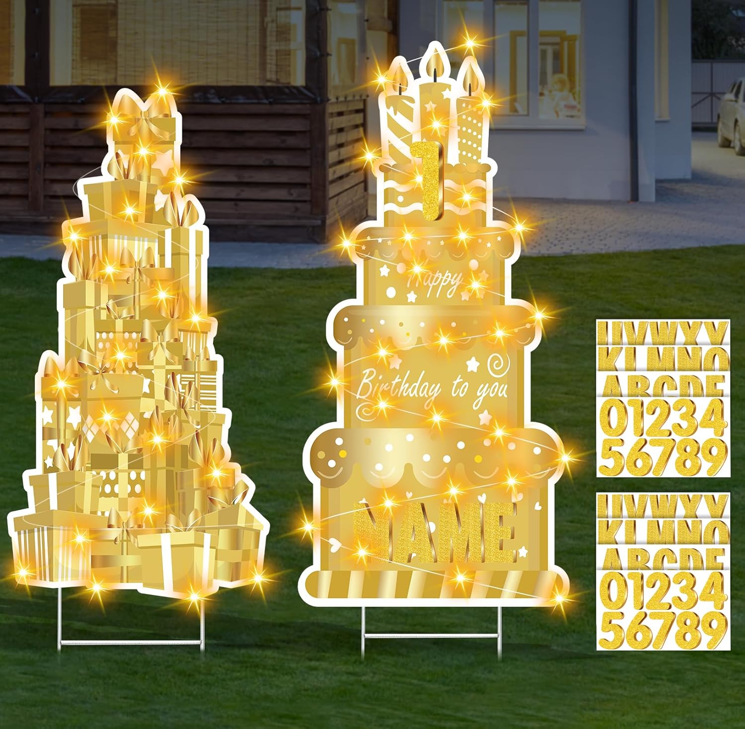 Happy Birthday Yard Sign with Stakes for Decor LED Lights Black Gold Lawn Sign 27.6" Large Personalized Signs with Number Letter Stickers for Celebrations Party Decoration