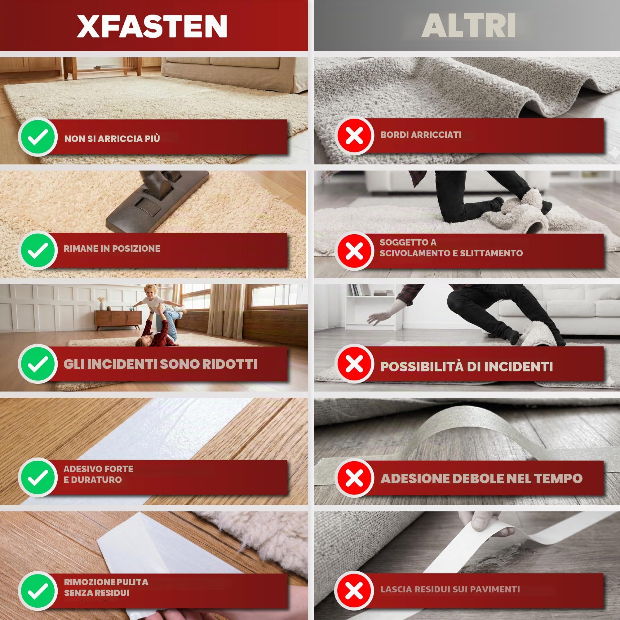 XFasten Nastro biadesivo per tappeti e moquette, rimovibile e sicuro in legno duro, 2 pollici x 10 iarde, ideale per tappeti, moquette o delicati pavimenti in legno duro