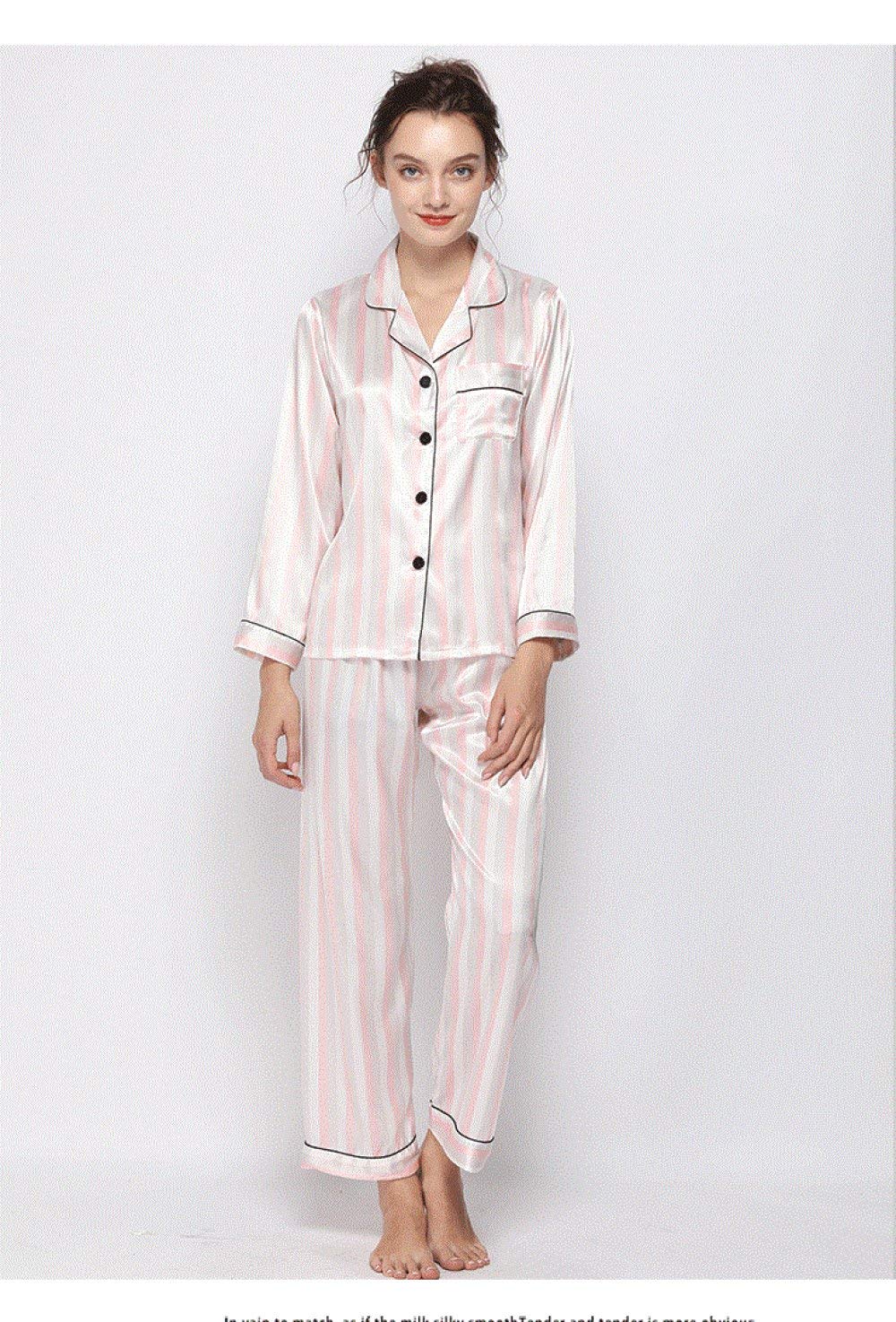 Pijamas De Mujer,Pijamas De Satén De Seda Sexy Con Cuello En V Rayas Rosas Manga Larga Con Botones Ropa De Dormir Ropa De Dormir Conjuntos De Pijamas Finos Y Suaves Ropa De Hogar Informal,Rosa,S