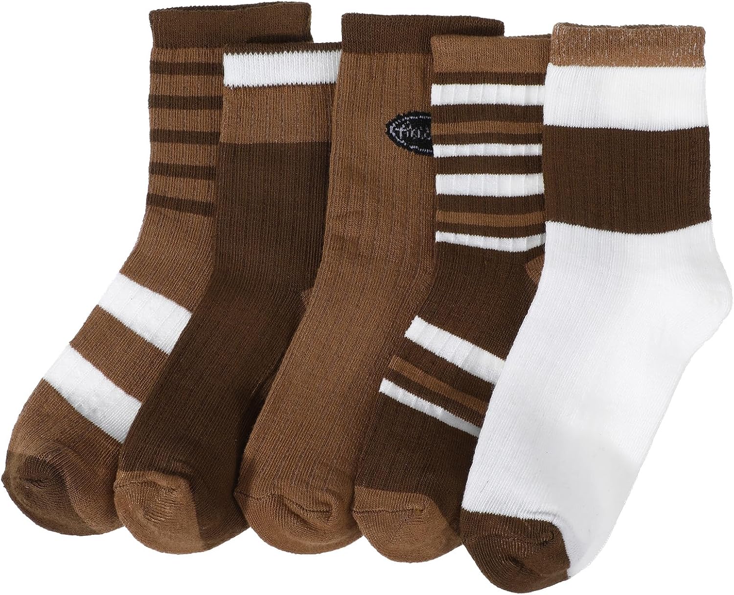 Molain 5 Pairs Ribbed Crew Socks, Brown and Beige Striped Soft Cotton Blend Neutral Tones Comfortable Everyday Socks for Women and Teens Fits Shoe Size 5-9