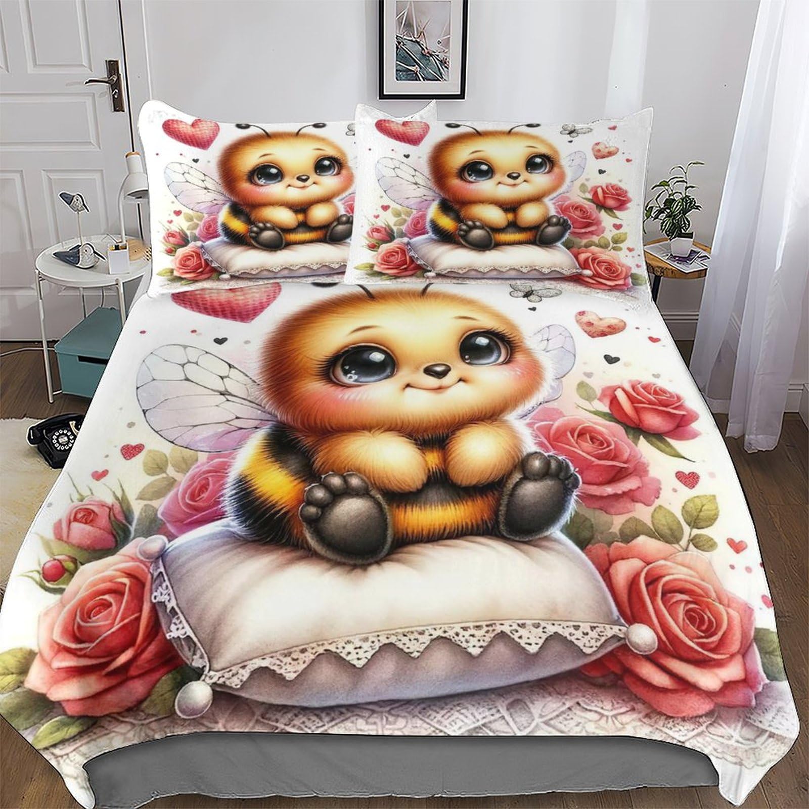 Pazzk Girls Cute Bee-1 Cute Bee Bedding Set For Boys Adults Comforter Cover Soft Duvet Cover Room Decor Bedspread Cover 3 Pcs Set Hypoallergenic Microfiber Poly Cotton Quilt Cover Double (200X200cm)