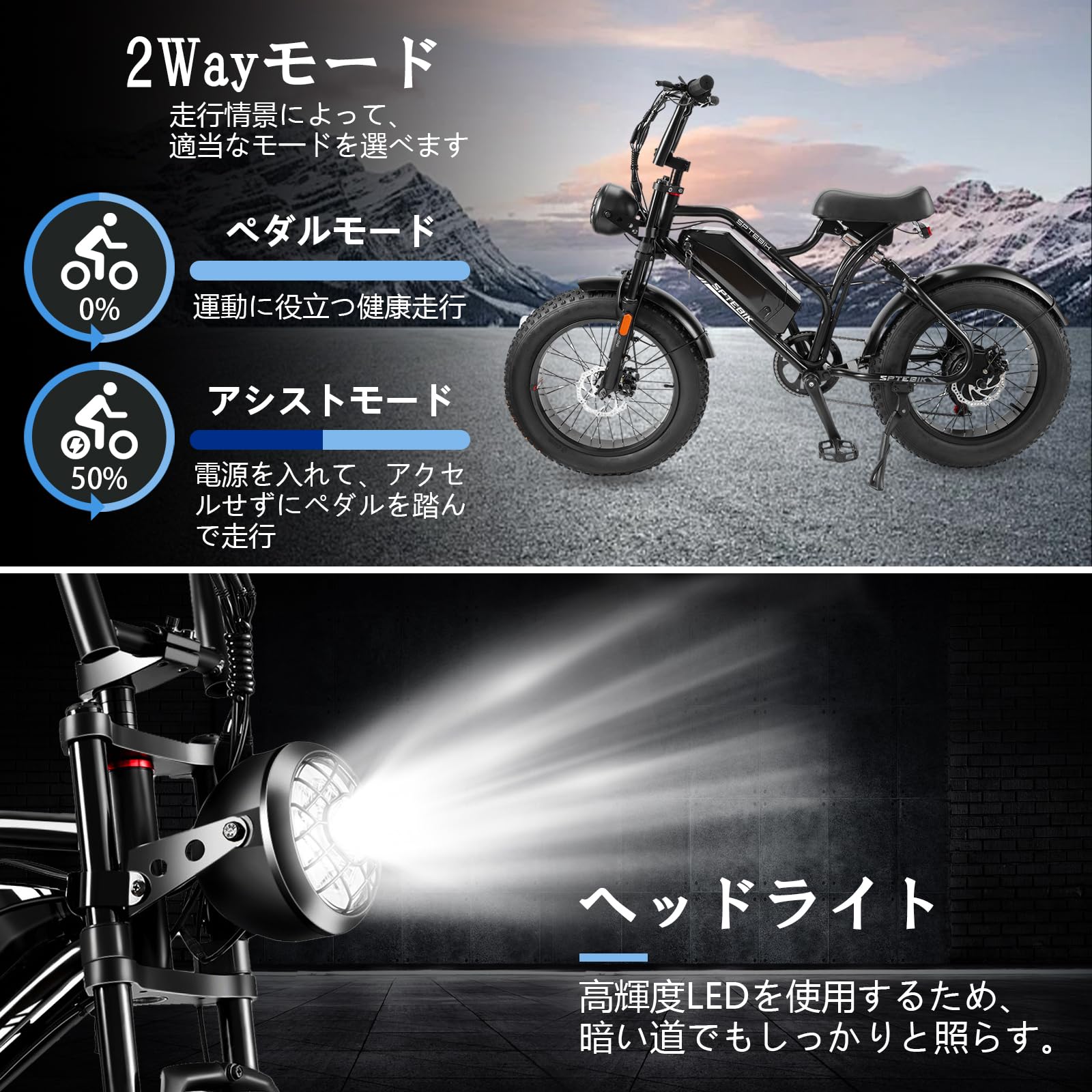 SPTEBIK 電動アシスト自転車 マウンテンバイク 20インチ Amazon | 電動アシスト自転車 レトロ調 20インチ 極太タイヤ シマノ7段