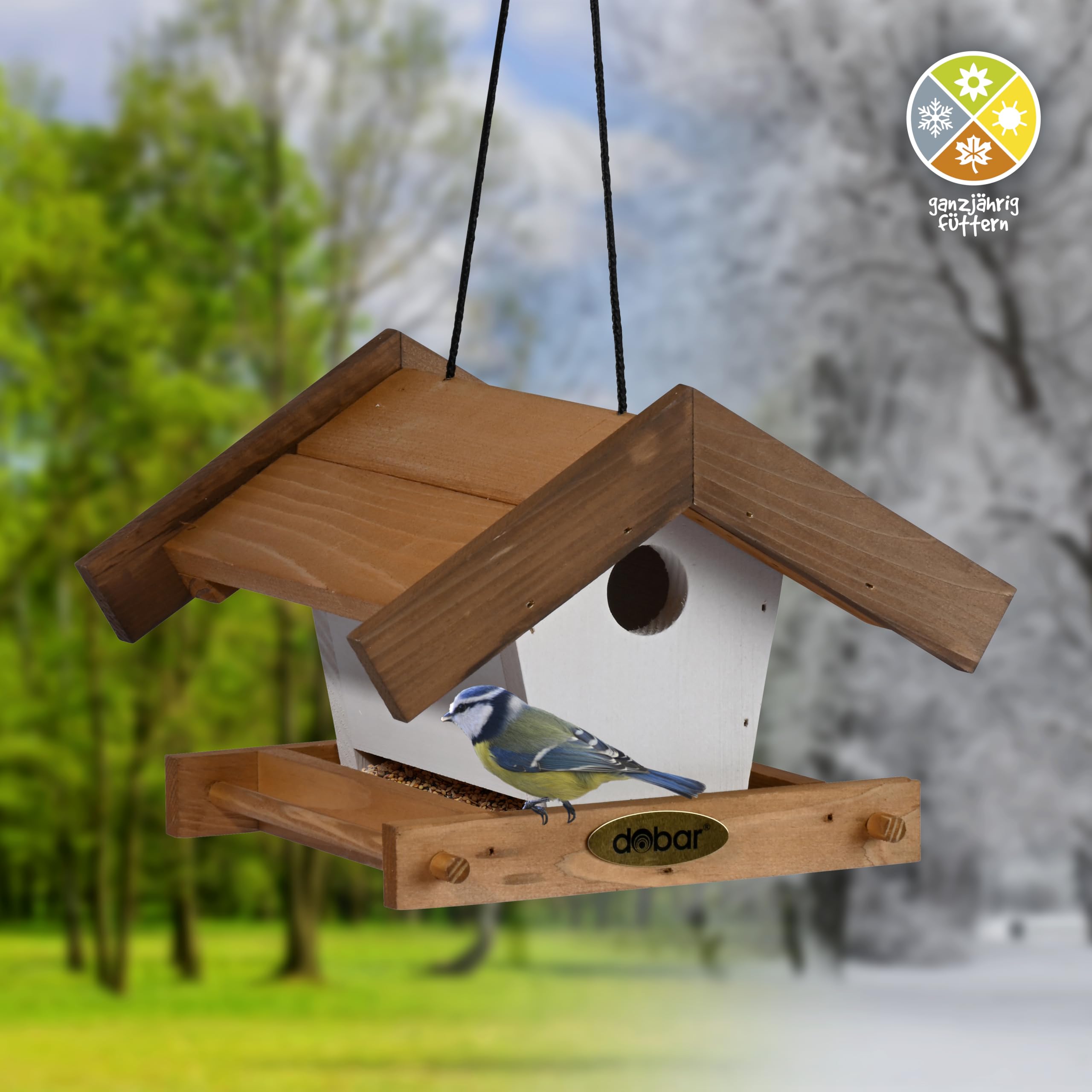 dobar® Green Label Kleines Vogelhaus Goldener Oktober im 2er-Set - Futterstationen für Wildvögel zum Aufhängen - Wildvogelfutterplätze - 22,5 x 21 x 16 cm - Braun/Weiß