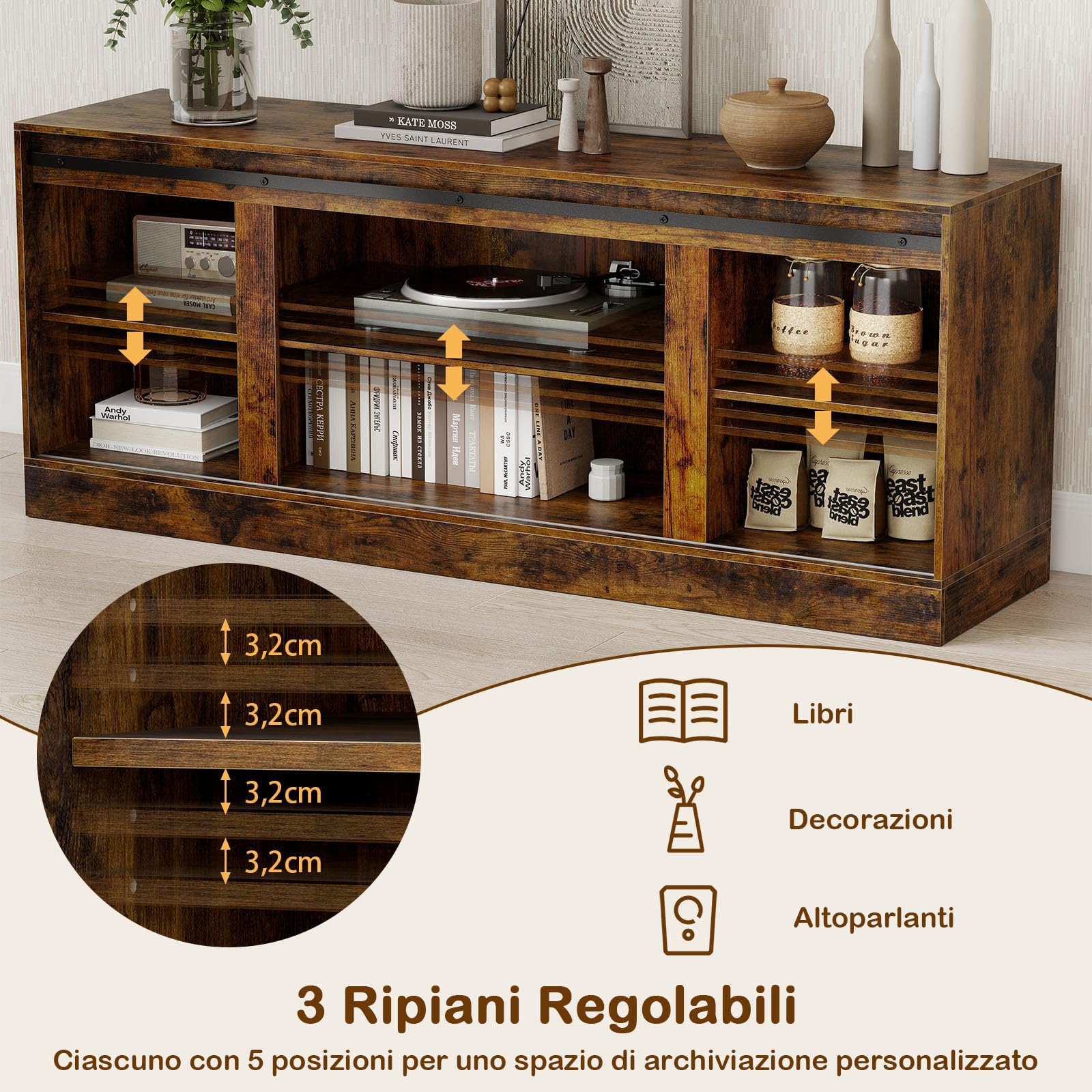 COSTWAY Mobile TV Soggiorno fino a 70'', Tavolino Porta TV con Porte Scorrevoli, Ripiani Regolabili, Consolle Media 150 cm per Soggiorno, Camera da Letto e Ingresso