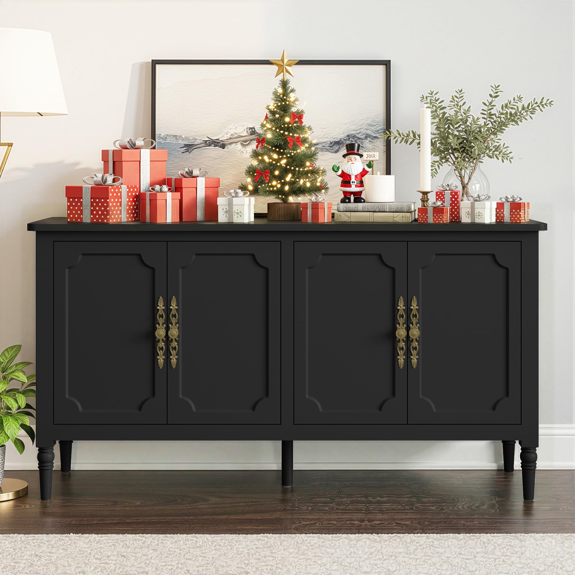 RoyalCraft Large Sideboard Buffet Cabinet with Storage, 58'' Modern Credenza Buffet Table Coffee Bar Wine Bar Storage Cabinet with Artistic Carved Handle for Dining Room Living Room, (Satin Black)