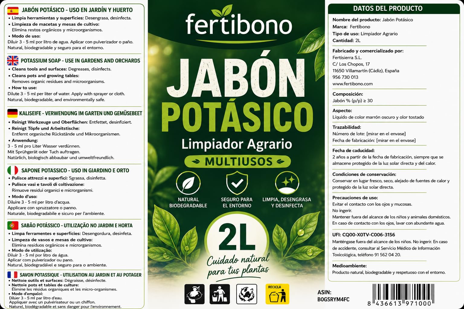 FERTIBONO FLORANIM Multiuso - Jabón Potásico 2L + Aceite de Neem 500 ml para Plantas, Huerto y Jardín - Pack Concentrado para Diluir en Agua y Pulverizar