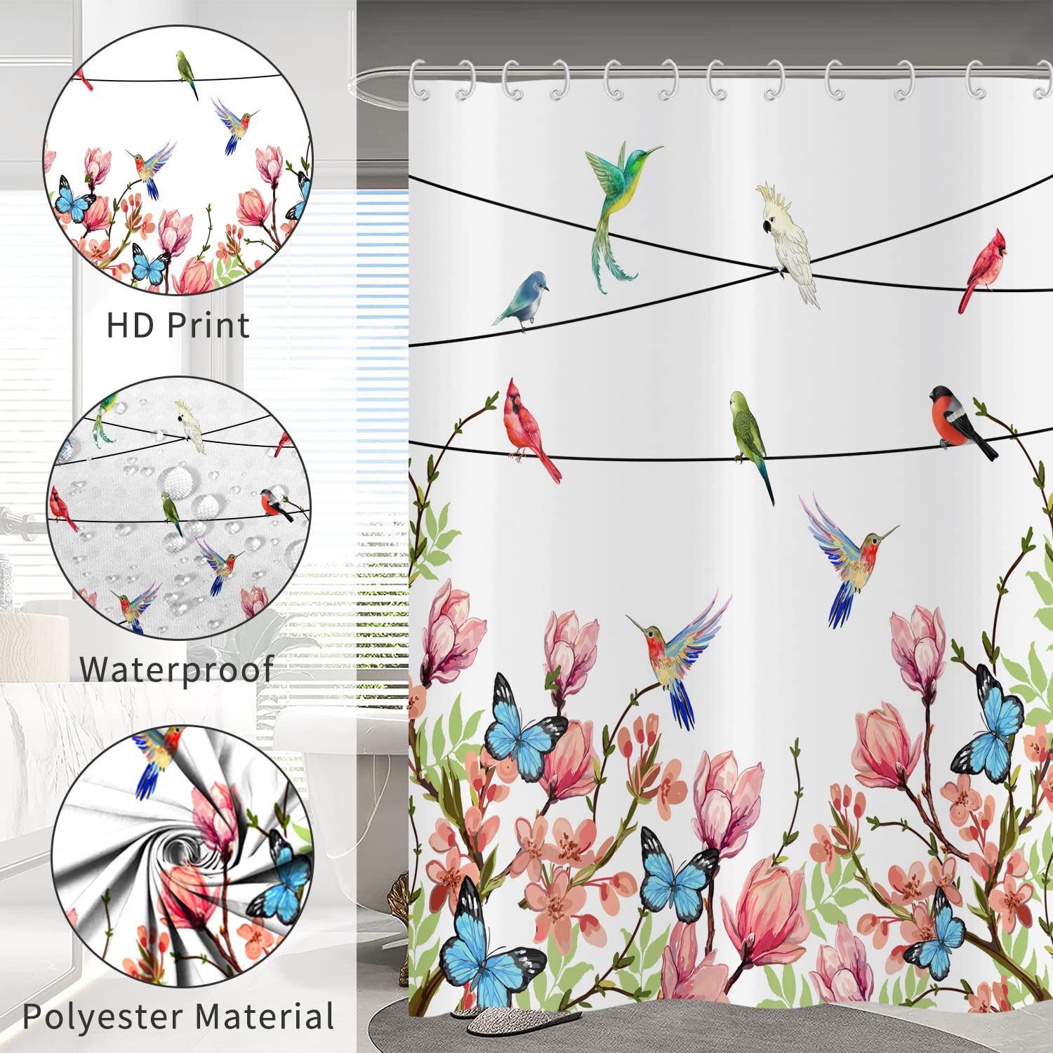 Tenda Doccia Acquerello Fiori E Uccelli 180x200cm, Colibrì E Piante, Con 12 Ganci, Impermeabile Lavabile