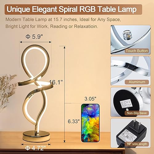 Miniatura 7 de Lámpara de mesa moderna, lámpara de mesa RGB, lámpara LED en espiral, lámpara de noche plateada con 7 colores, 10 modos de luz, lámpara de mesita de