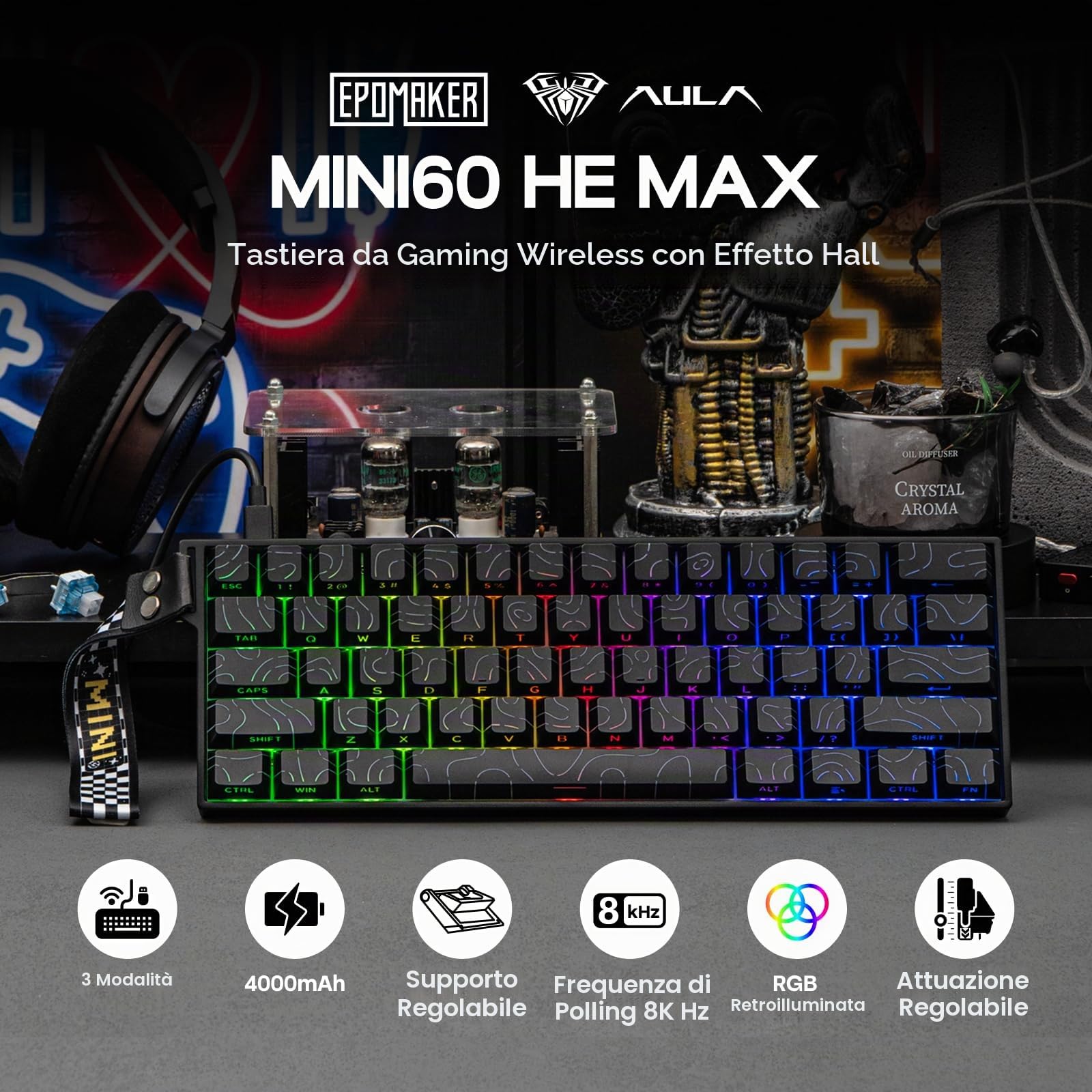 EPOMAKER Aula MINI60 HE Tastiera Wireless da Gioco, 8K Hz Polling, SOCD & DKS, Tastiera con Effetto Hall al 60% con Fast Trigger & Adjustable Actuation, RGB, PBT Keycap, per Win/Mac (Max)