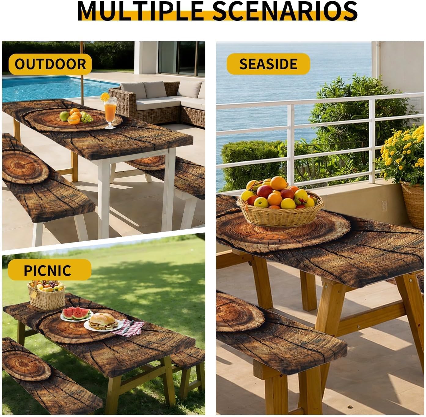 72x30 Picnic Table Cover with Bench Covers - Waterproof Vinyl Camping Tablecloth for 6FT Tables, Elastic Edges Windproof, Outdoor RV Must Haves with Bag, 4 Piece Set.